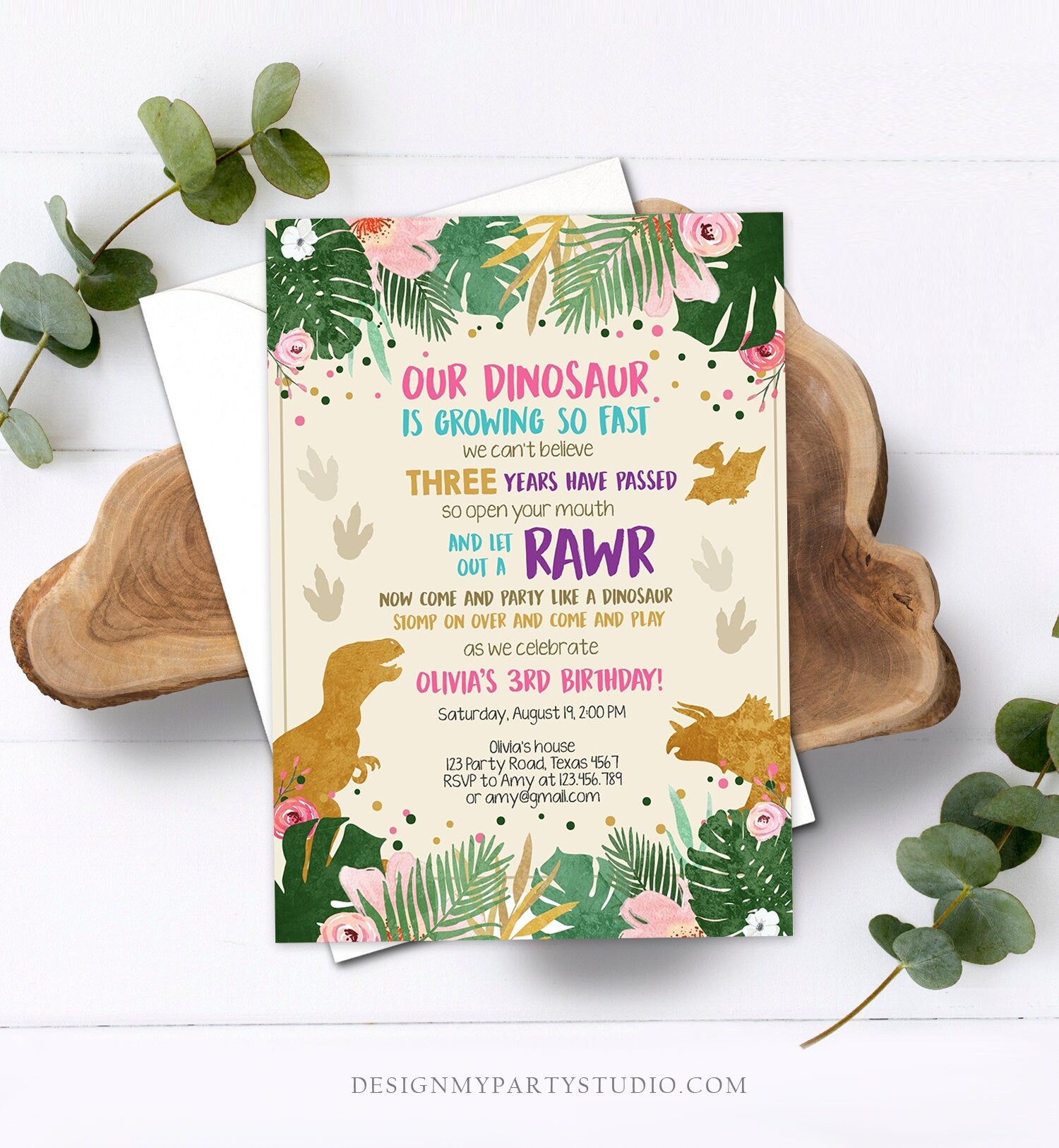 Editable Gold Dinosaur Birthday Invitation ANY AGE Dino Party T-Rex Prehistoric Rawr Girl Pink Gold Download Printable Corjl Template 0388