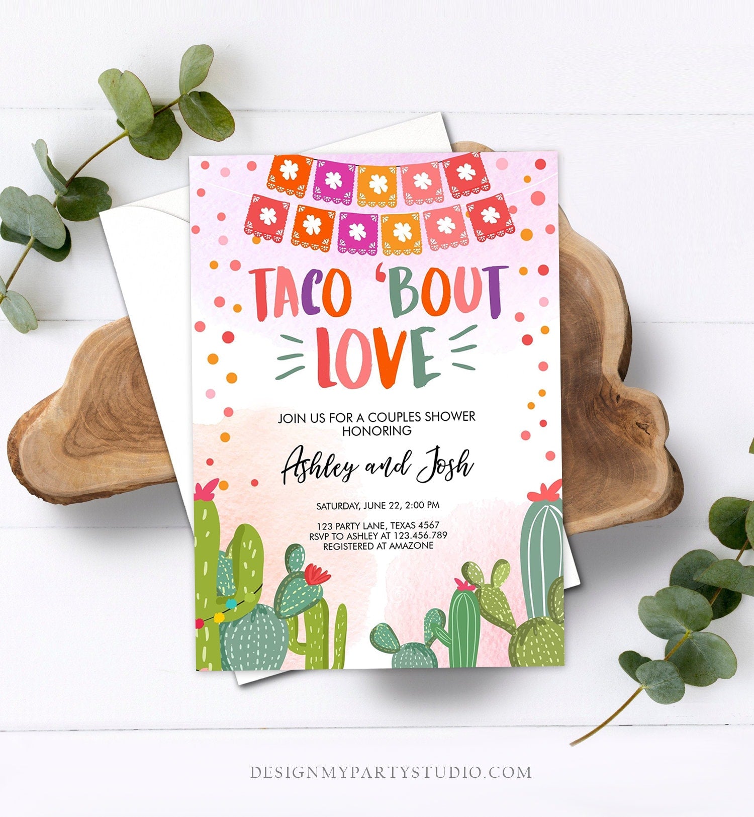 Editable Taco Bout Love Couples Shower Invitation Fiesta Cactus Succulent Mexican Green Pink Digital Download Corjl Template Printable 0135