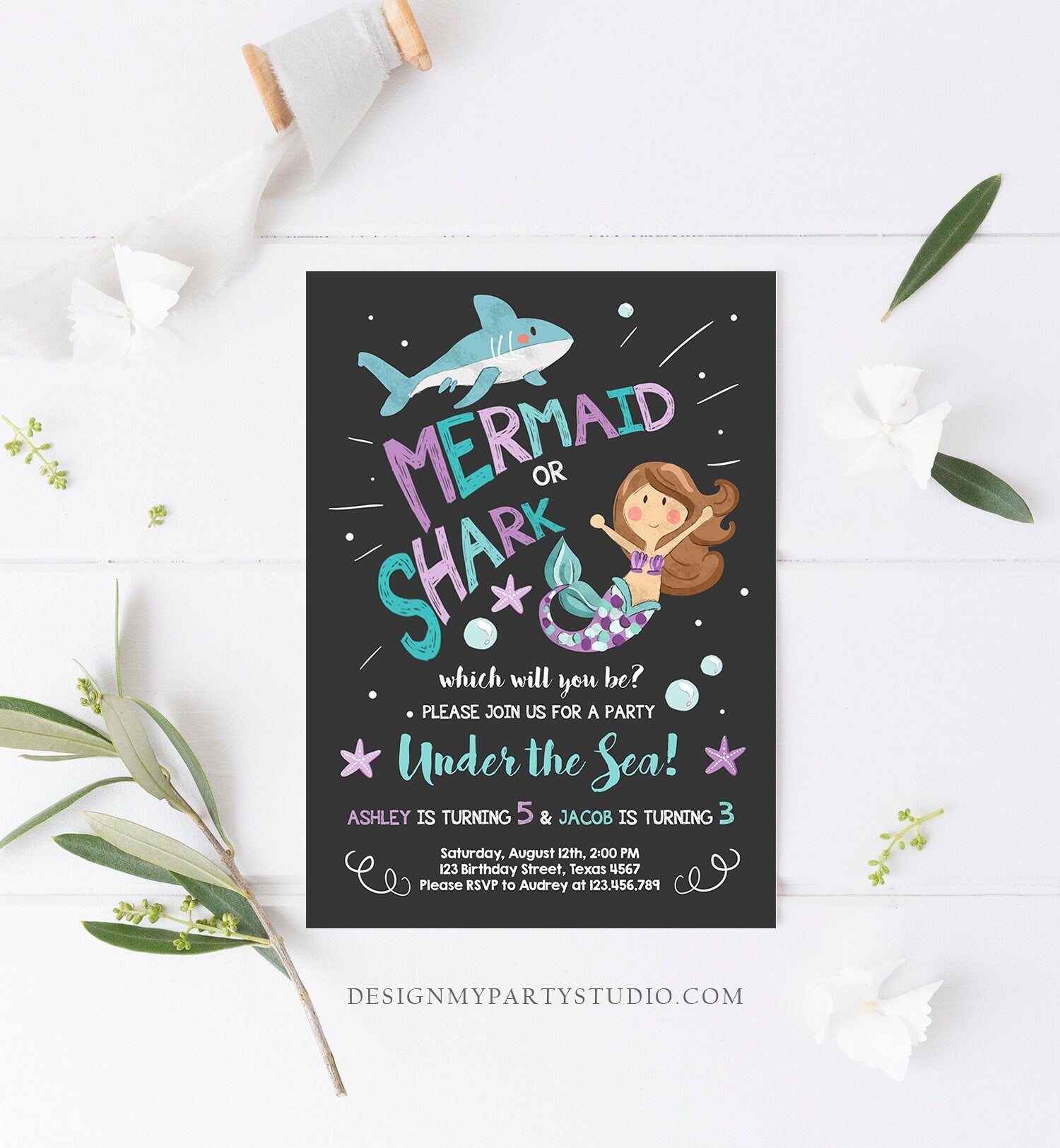Editable Mermaid or Shark Birthday Invitation Under The Sea Party Coed Pool Party Brother Sister Download Corjl Template Printable 0197
