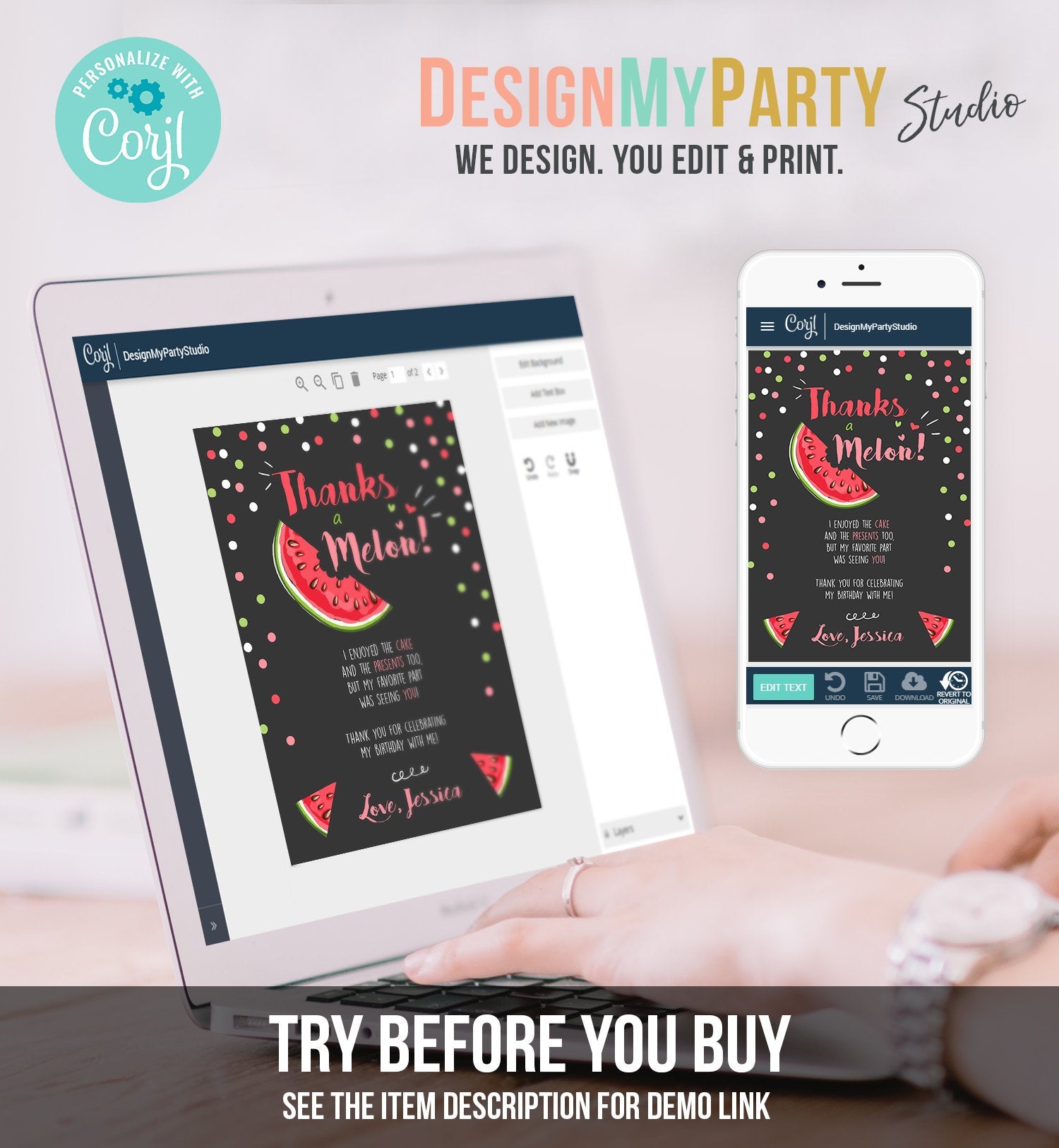 Editable Thanks a Melon Thank You Card Watermelon First Birthday Party Girl Pink Red Melon Summer Fruit Photo Corjl Template Printable 0120