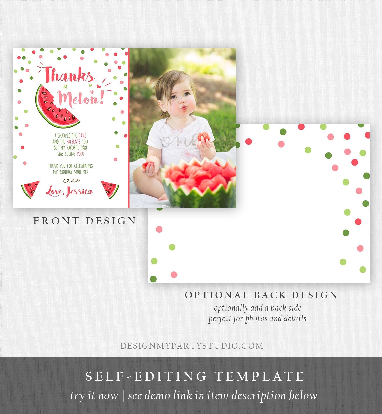 Editable Thanks a Melon Thank You Card Watermelon First Birthday Party Girl Pink Red Melon Summer Fruit Photo Corjl Template Printable 0120