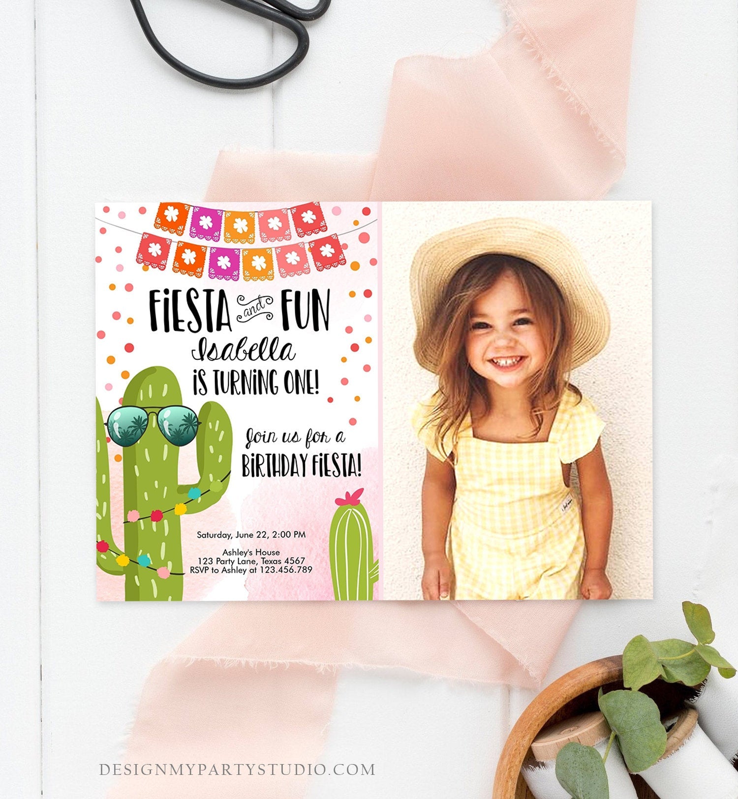 Editable Fiesta and Fun Birthday Invitation First Fiesta Cactus Pink Girl ANY AGE Instant Download Printable Invitation Template Corjl 0135