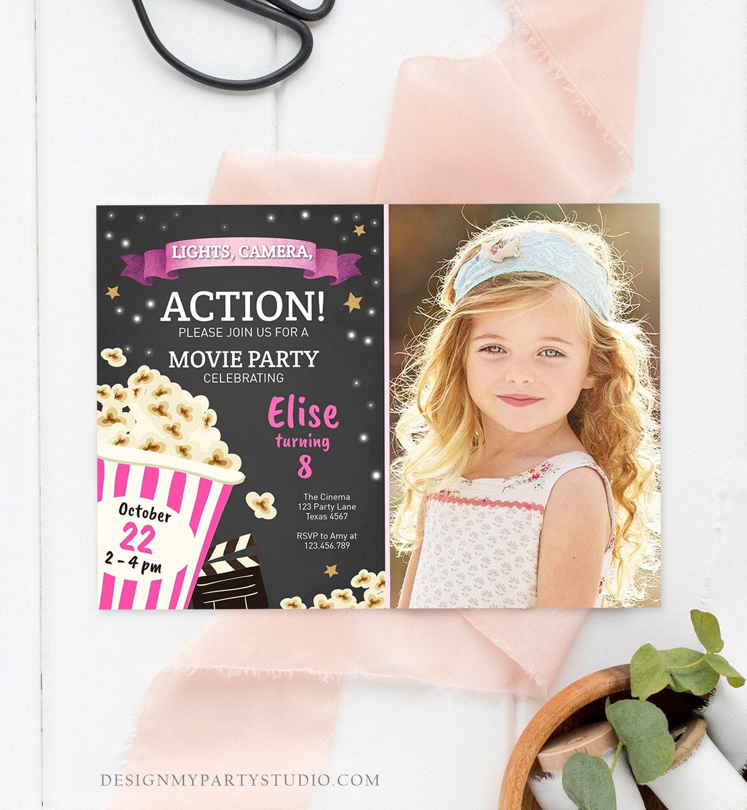 Editable Movie Night Birthday Invitation Pink Girl Movie Invite Cinema Party Backyard Movie Popcorn Download Printable Template Corjl 0182