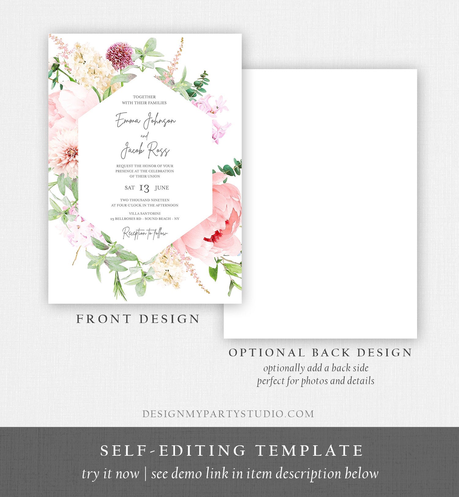 Editable Botanical Flowers Wedding Invitation Floral Greenery Vintage Spring Pink Peony Colors Digital Corjl Template Printable 0167