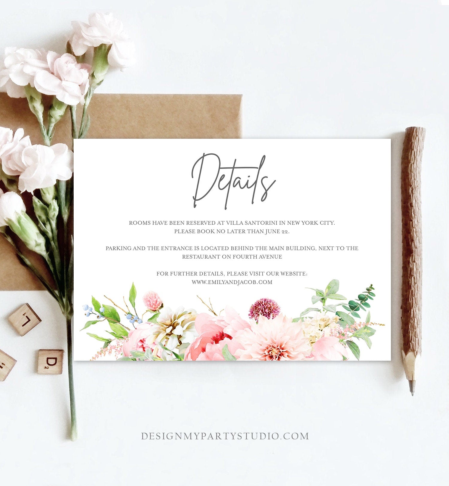Editable Botanical Flowers Details Card Wedding Insert Card Greenery Pink Peony Information Enclosure Corjl Template Printable 0167