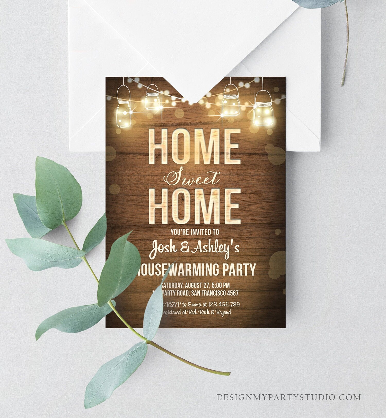 Editable Home Sweet Home Housewarming Invitation New Home Couples Party Rustic Wood String Lights Download Corjl Template Printable 0015