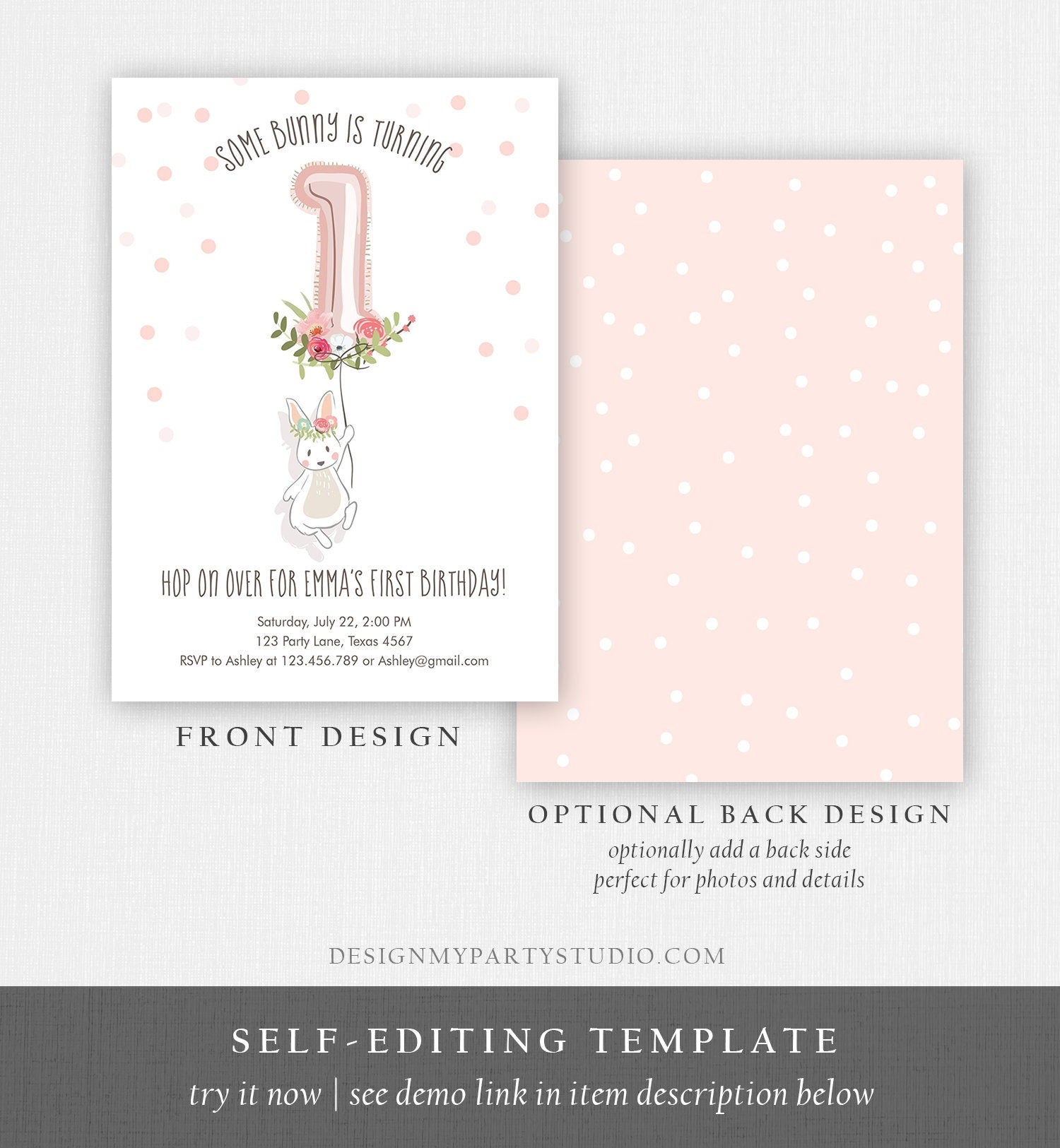 Editable Bunny Birthday Invitation Girl 1st Birthday Pink Gold Floral Bunny Spring Birthday Blush Printable Template Download Corjl 0117