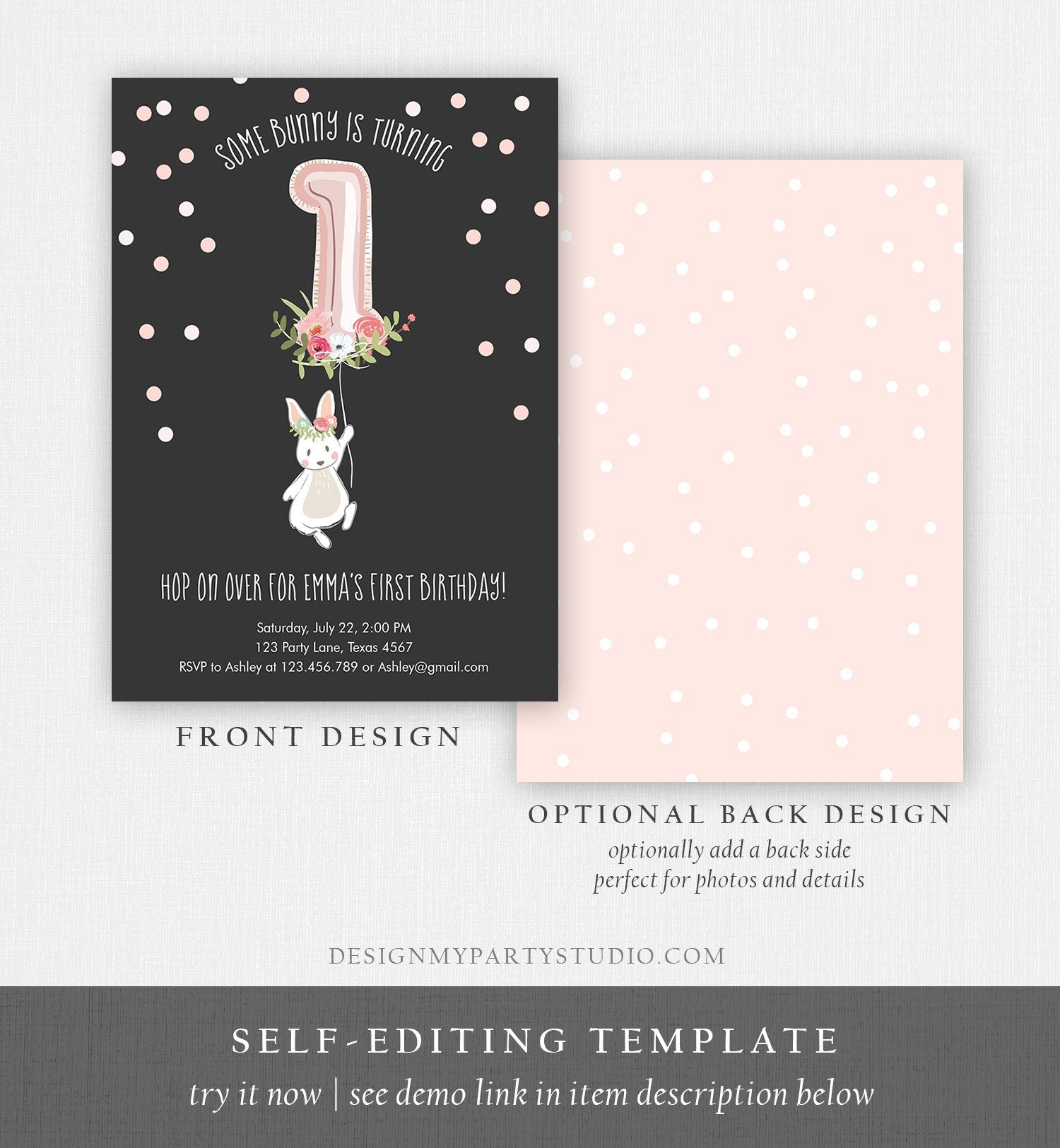 Editable Bunny Birthday Invitation Girl 1st Birthday Pink Gold Floral Bunny Spring Birthday Blush Printable Template Download Corjl 0117