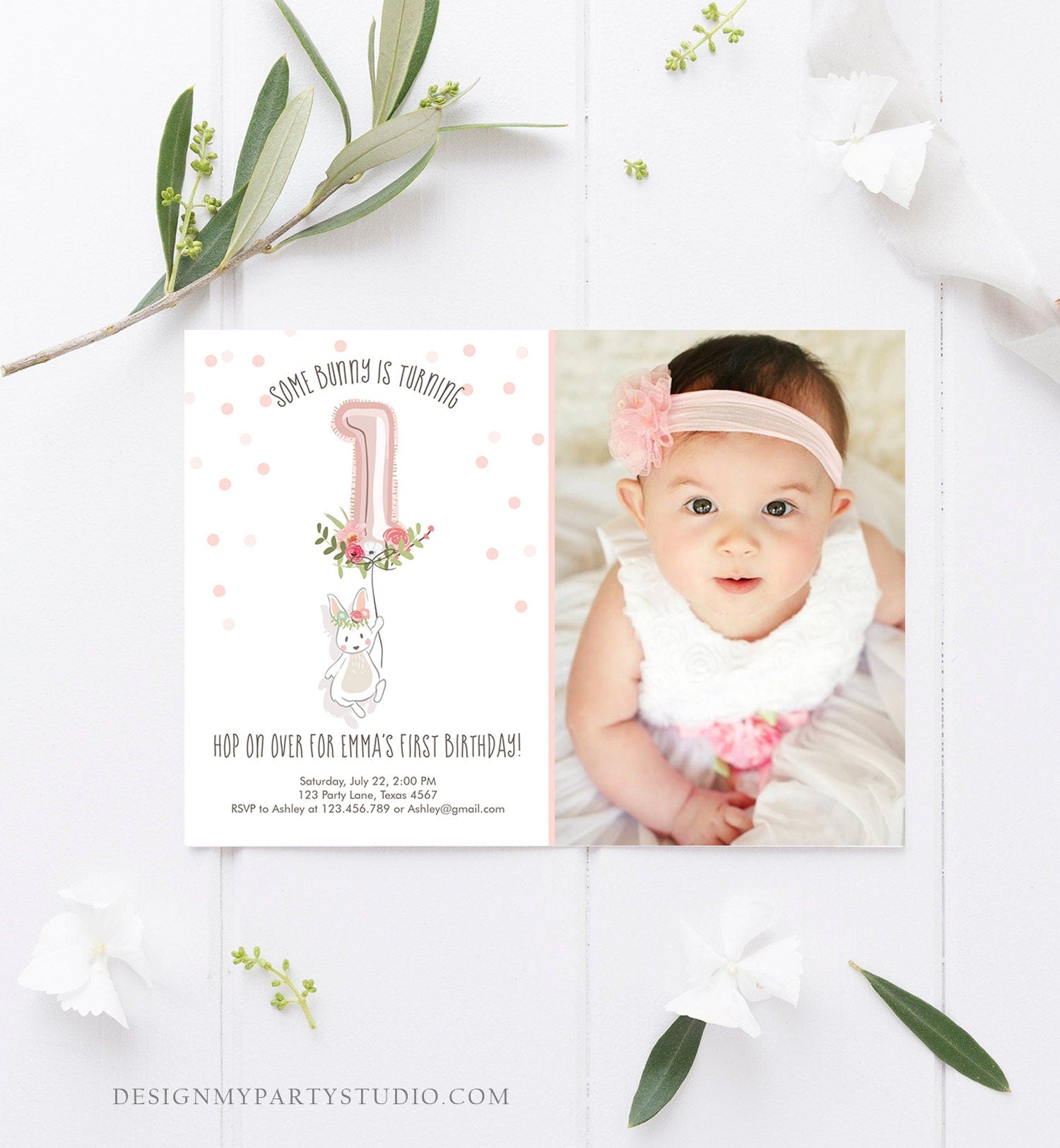 Editable Bunny Birthday Invitation Girl 1st Birthday Pink Gold Floral Bunny Spring Birthday Blush Printable Template Download Corjl 0117