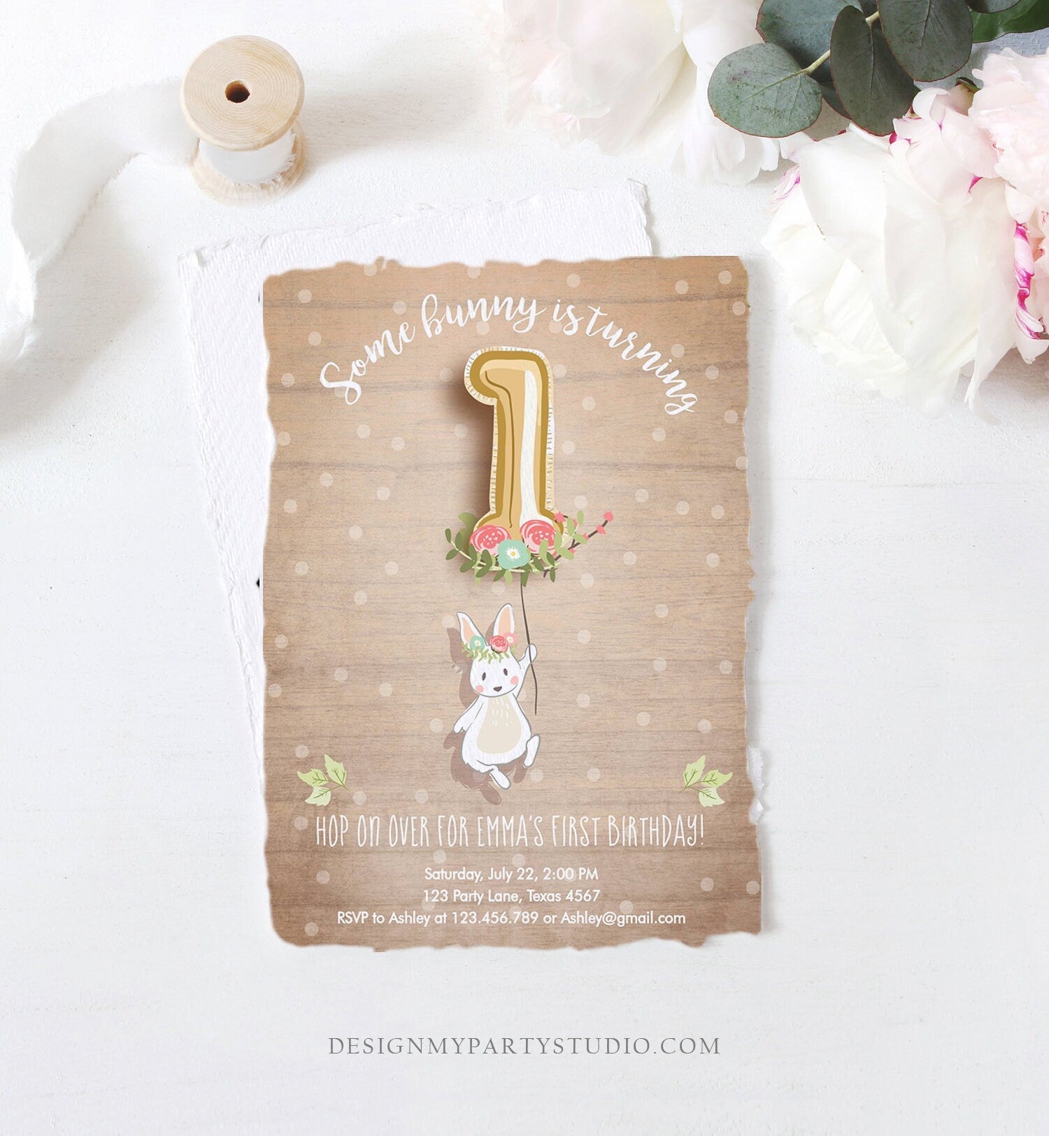 Editable Bunny Birthday Invitation Girl 1st Birthday Pink Gold Floral Bunny Spring Birthday Wood Printable Template Download Corjl 0117
