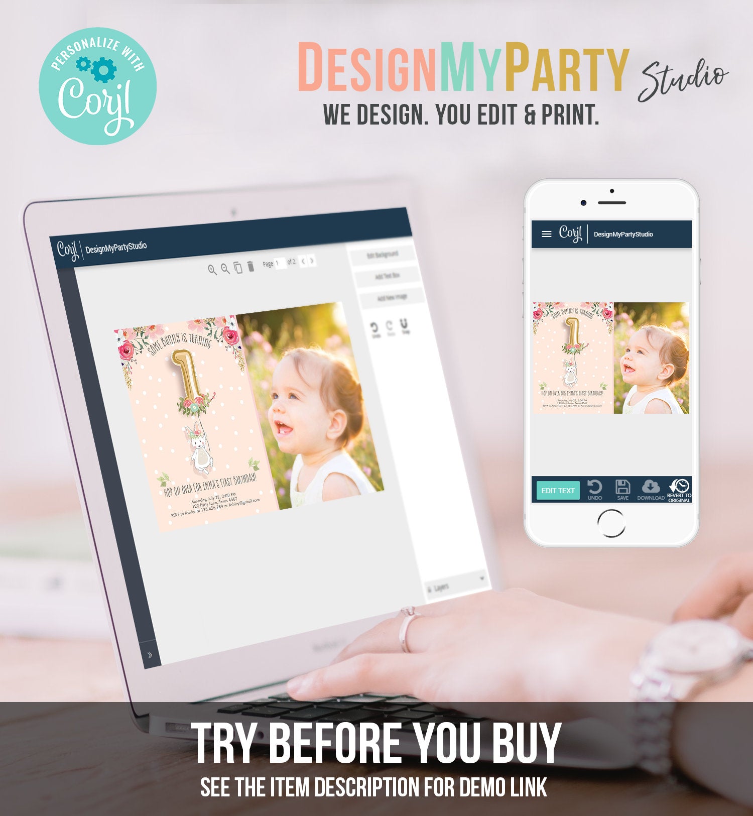 Editable Bunny Birthday Invitation Girl 1st Birthday Pink Gold Floral Bunny Spring Birthday Blush Printable Template Download Corjl 0117