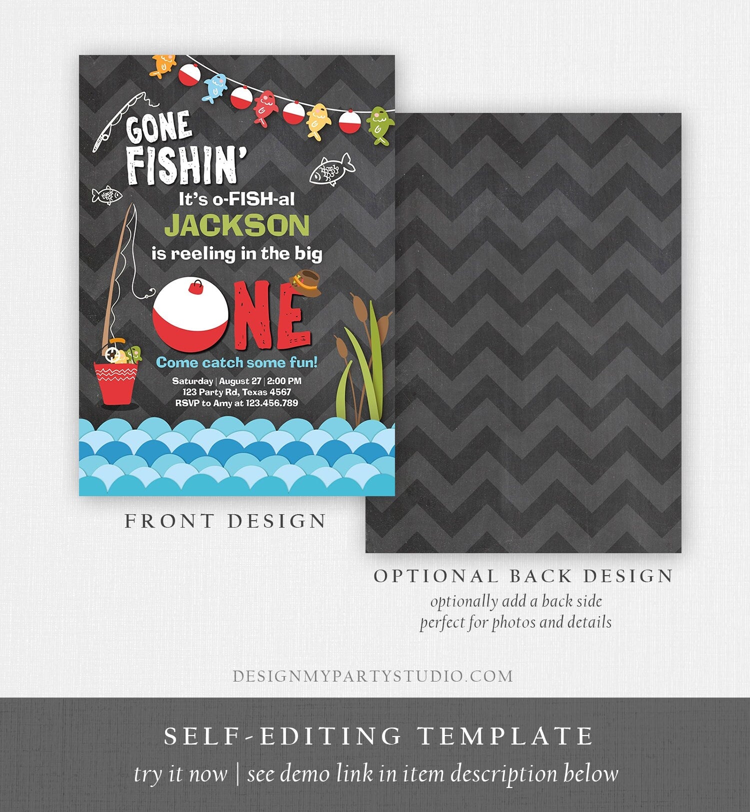 Editable First Birthday Fishing Invitation Fishing Party The Big One O-fish-al Gone Fishing Boy Download Printable Template Corjl 0080