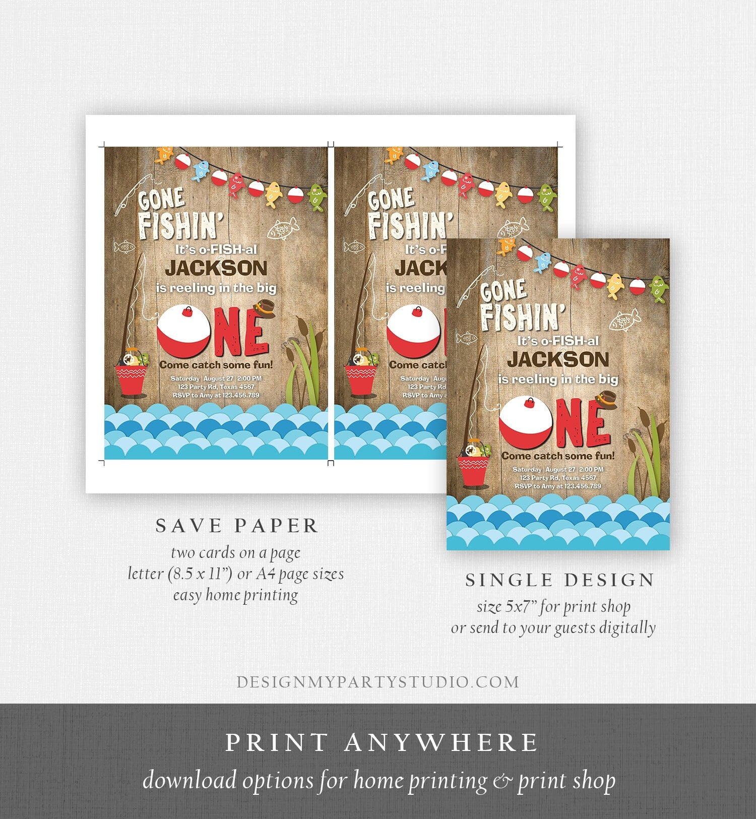 Editable First Birthday Fishing Invitation Fishing Party The Big One O-fish-al Gone Fishing Boy Download Printable Template Corjl 0080