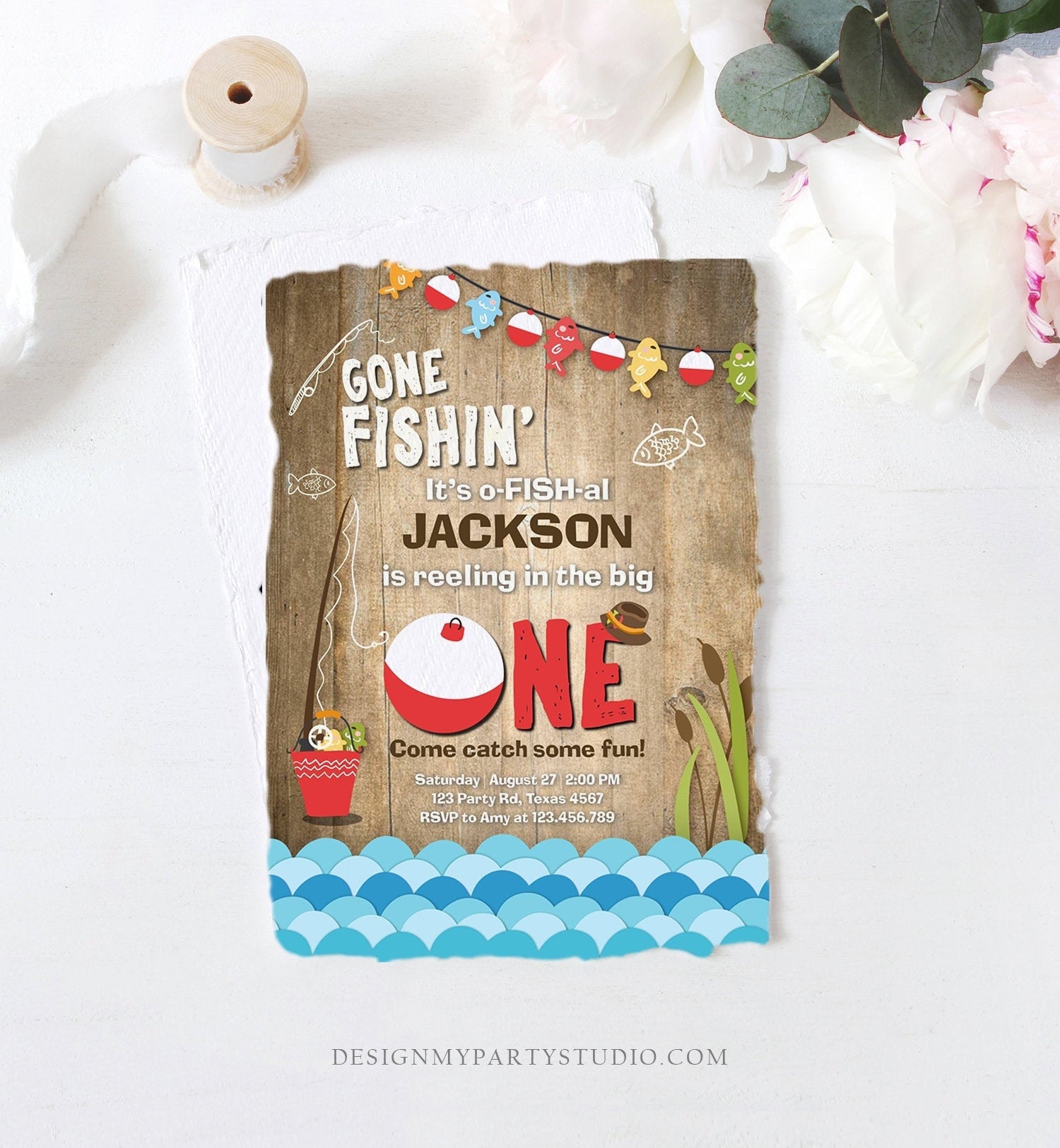 Editable First Birthday Fishing Invitation Fishing Party The Big One O-fish-al Gone Fishing Boy Download Printable Template Corjl 0080
