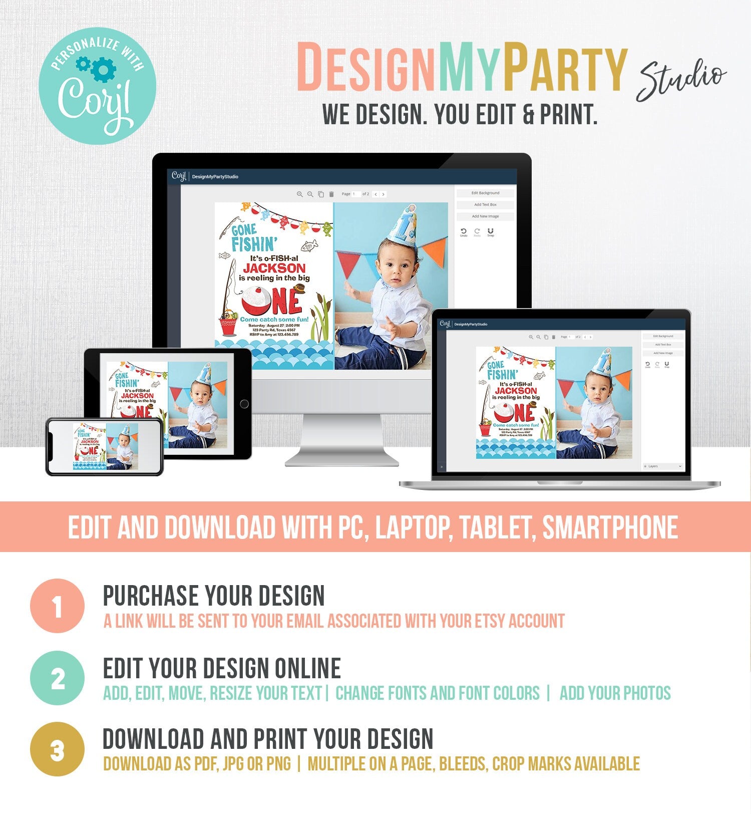 Editable First Birthday Fishing Invitation Fishing Party The Big One O-fish-al Gone Fishing Boy Download Printable Template Corjl 0080