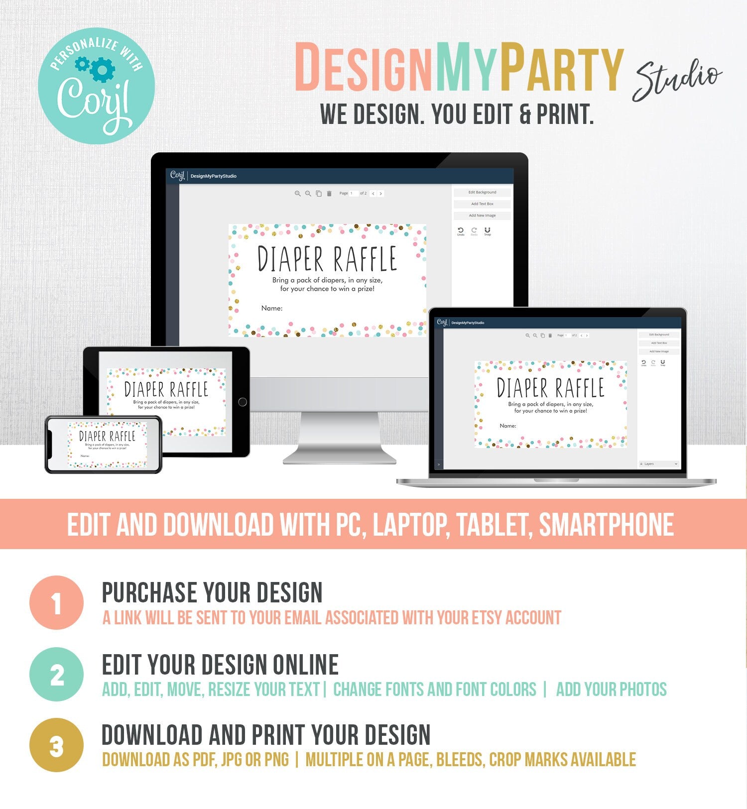 Editable Diaper Raffle Ticket Confetti Gender Neutral Blue Pink Gold Diaper Game Ticket Baby Shower Insert Template PRINTABLE Corjl 0133