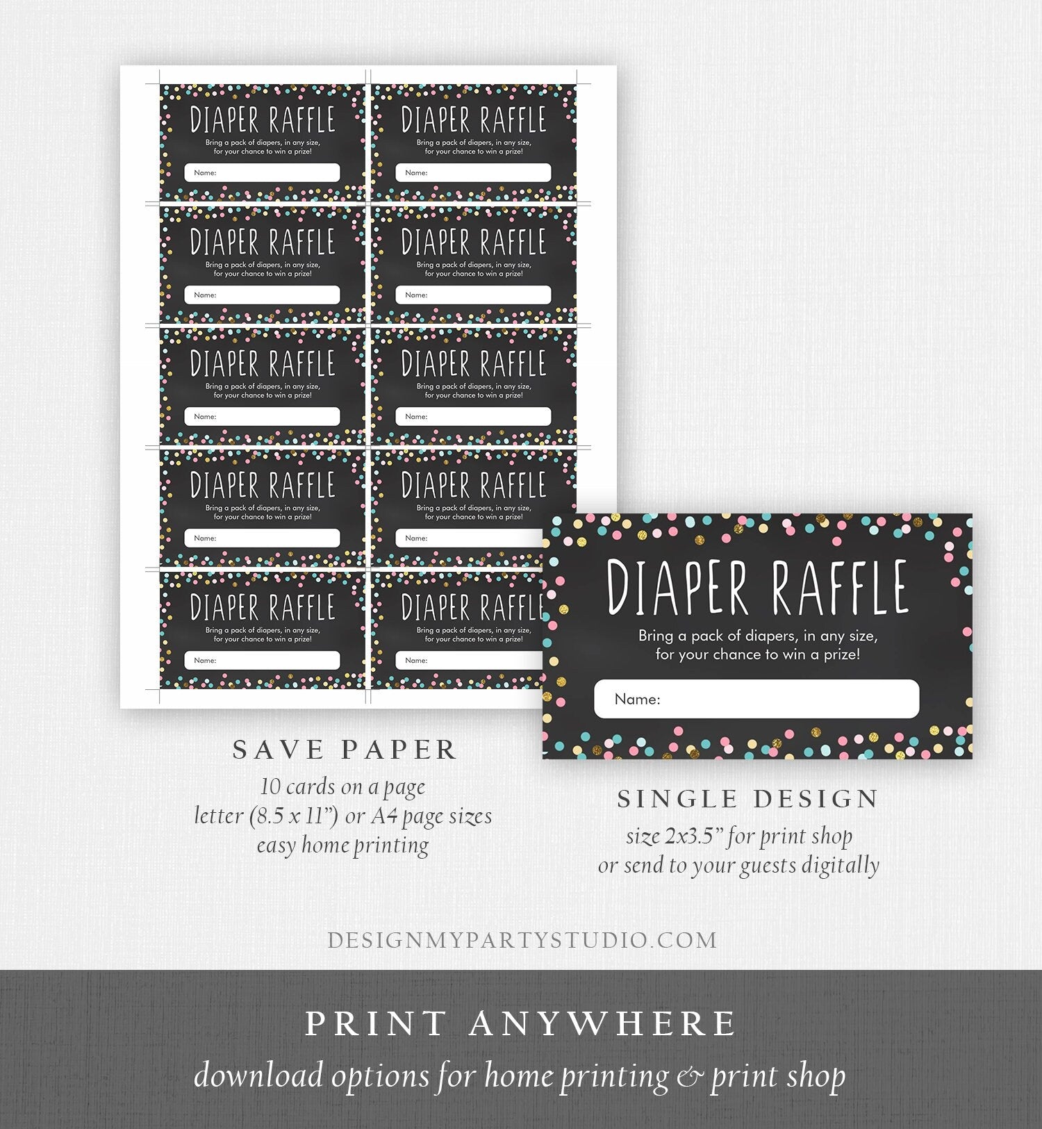 Editable Diaper Raffle Ticket Confetti Gender Neutral Blue Pink Gold Diaper Game Ticket Baby Shower Insert Template PRINTABLE Corjl 0133