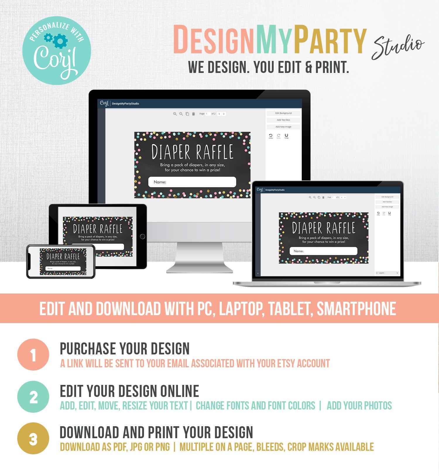 Editable Diaper Raffle Ticket Confetti Gender Neutral Blue Pink Gold Diaper Game Ticket Baby Shower Insert Template PRINTABLE Corjl 0133