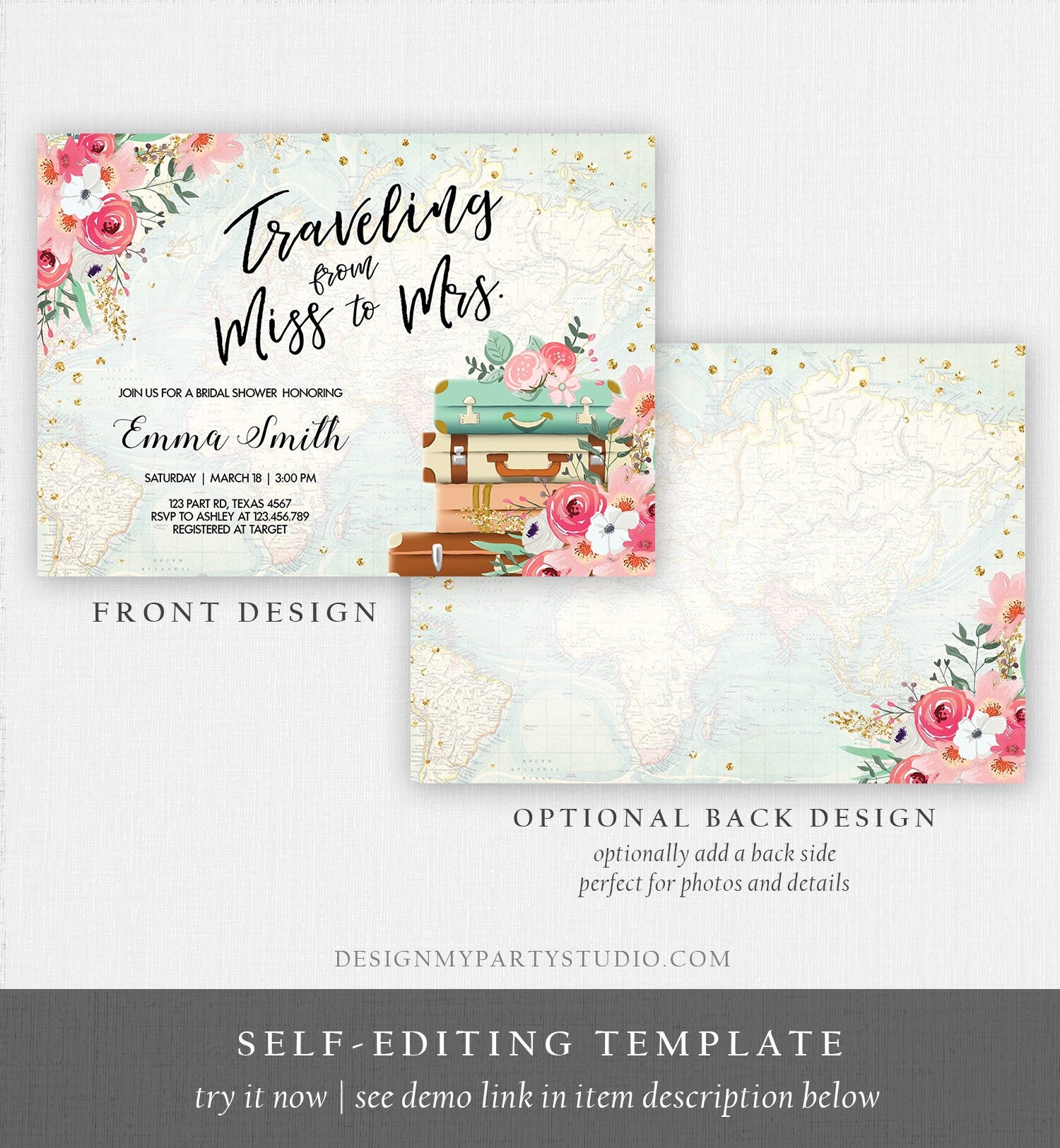 Editable Miss to Mrs Travel Bridal Shower Invitation Pink Flowers Suitcase Gold Confetti Traveling Download Printable Corjl Template 0030