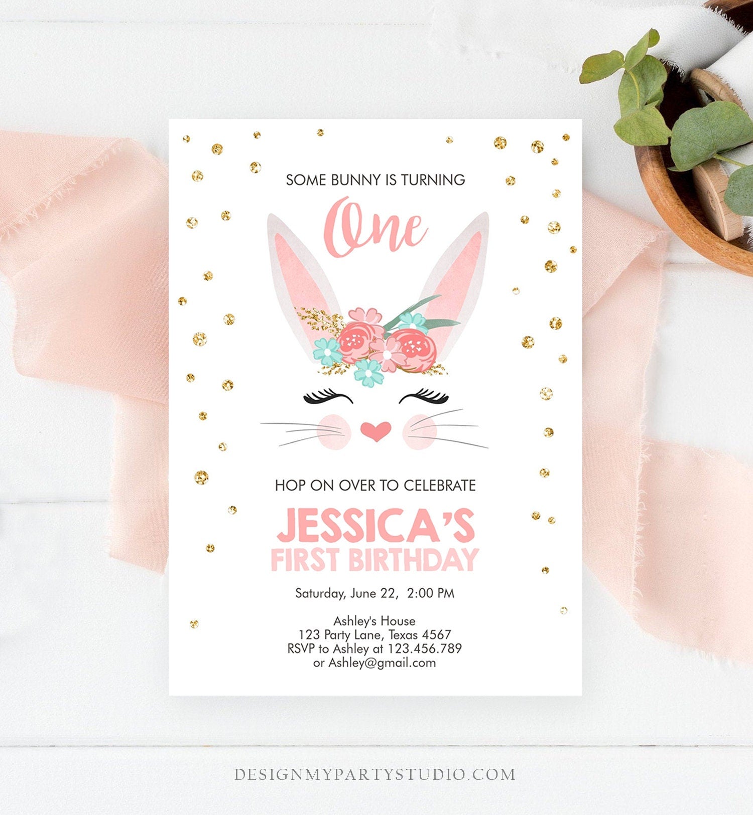 Editable Bunny Birthday Invitation Girl Birthday Pink Gold Floral Bunny Face Spring Birthday Easter Printable Template Download Corjl 0238