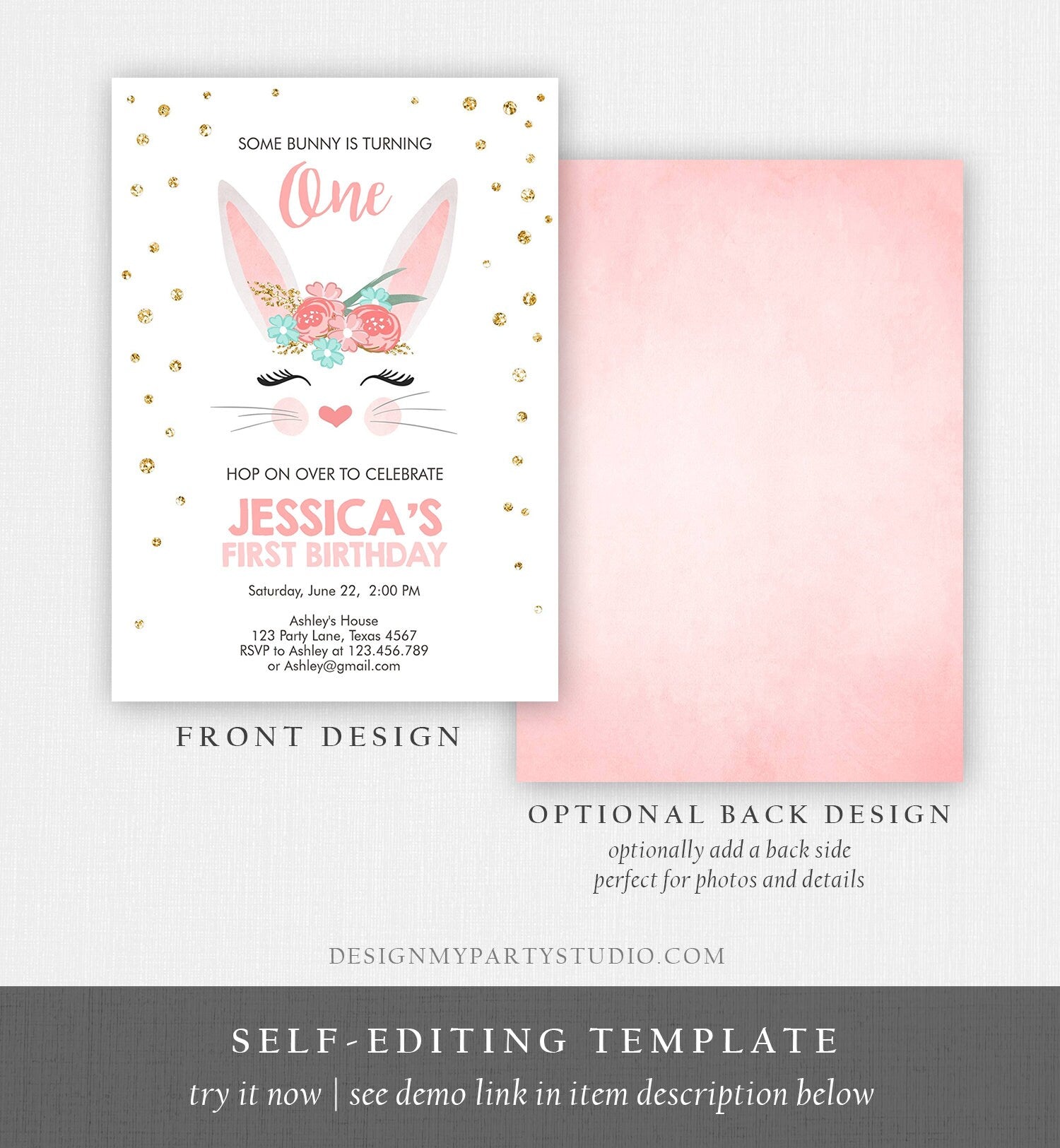 Editable Bunny Birthday Invitation Girl Birthday Pink Gold Floral Bunny Face Spring Birthday Easter Printable Template Download Corjl 0238