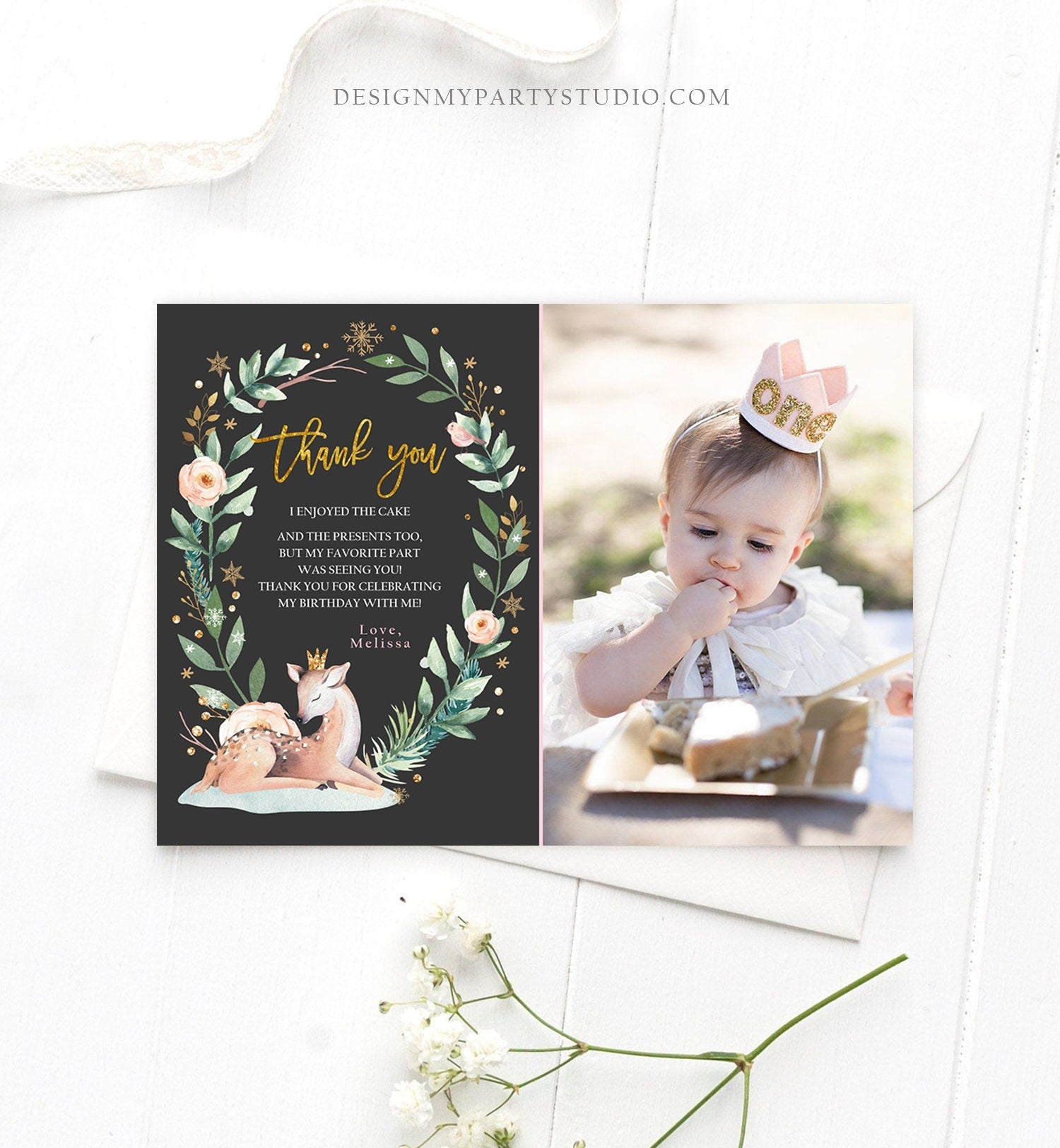 Editable Winter ONEderland Birthday Invitation Deer First Birthday Snowflakes Girl Pink Gold Foil Printable Invitation Template Corjl 0265