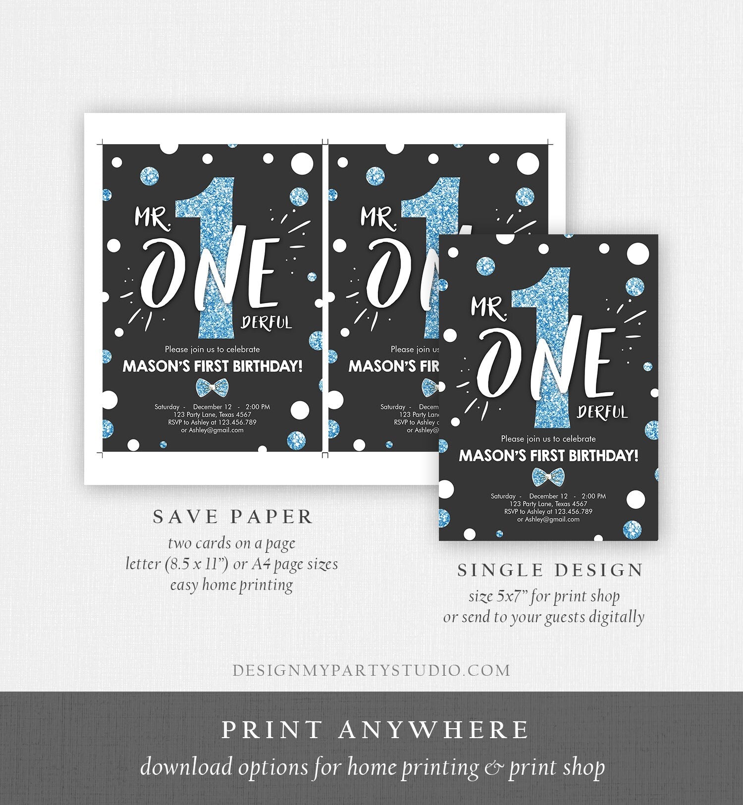 Editable Mr Onederful Birthday Invitation Black and Blue Boy Bow Tie Confetti 1st Birthday Download Printable Template Digital Corjl 0072