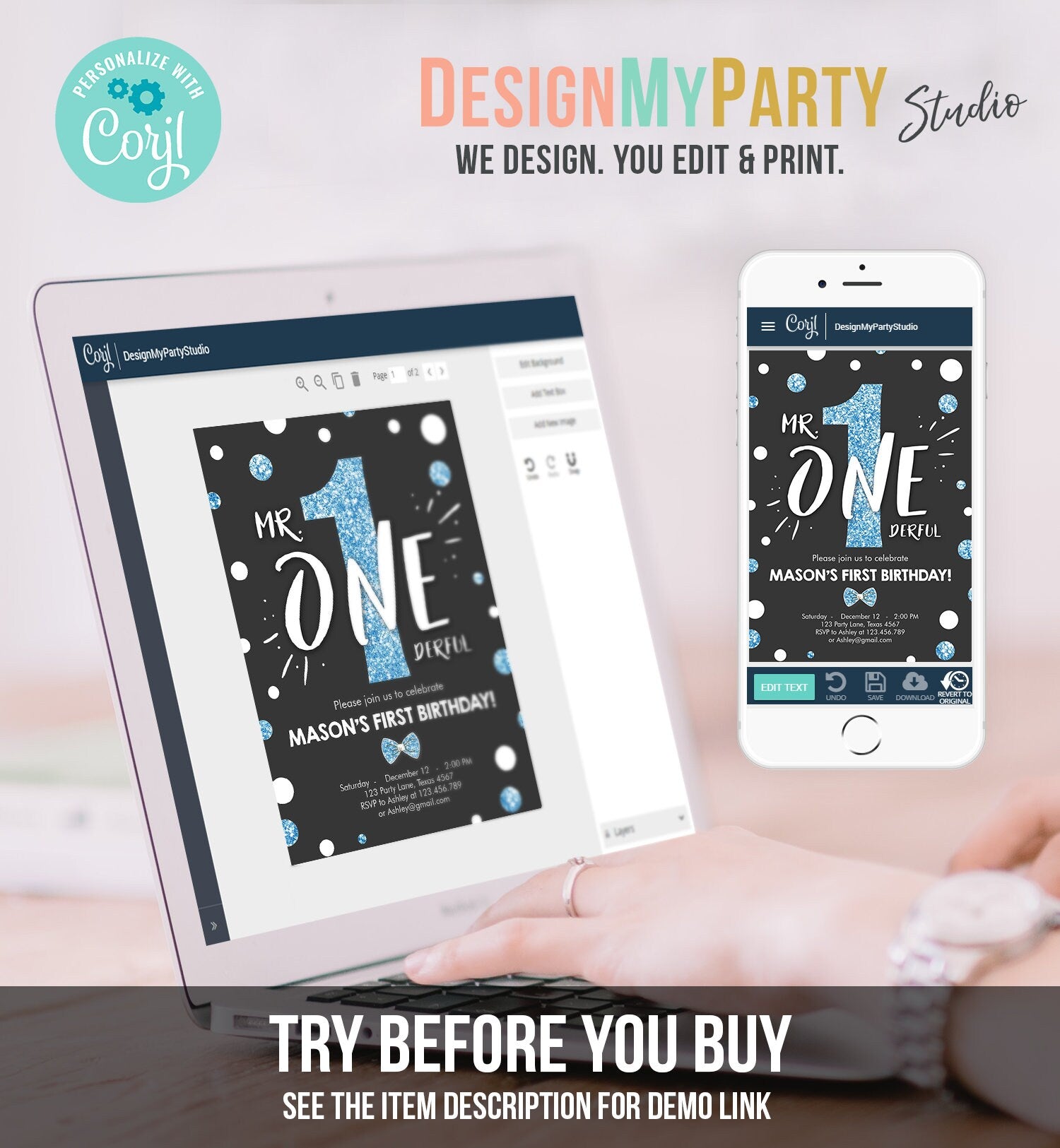 Editable Mr Onederful Birthday Invitation Black and Blue Boy Bow Tie Confetti 1st Birthday Download Printable Template Digital Corjl 0072