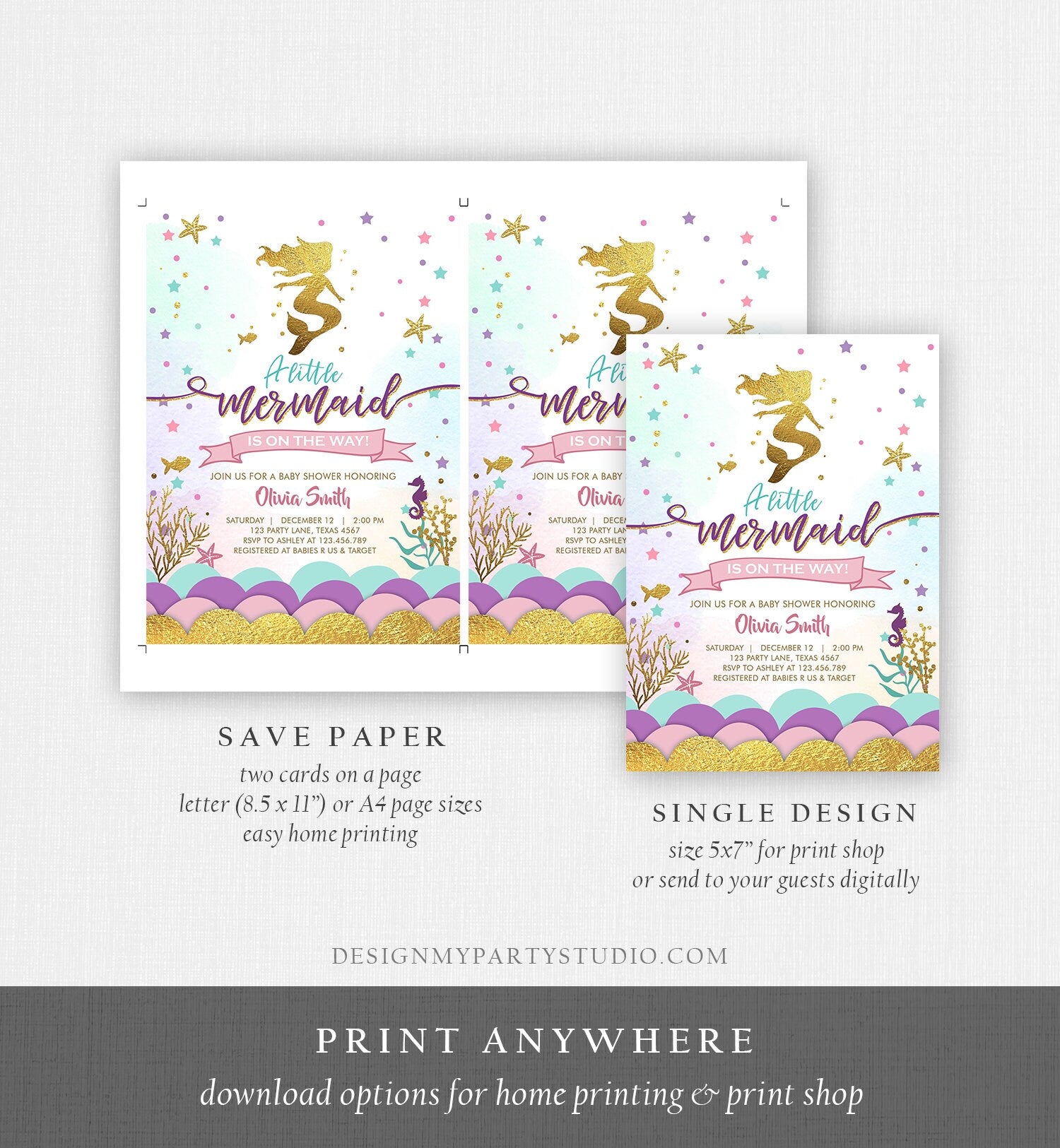 Editable Little Mermaid on the Way Baby Shower Invitation Under The Sea Sprinkle Girl Pink Purple Gold 1st Corjl Template Printable 0076