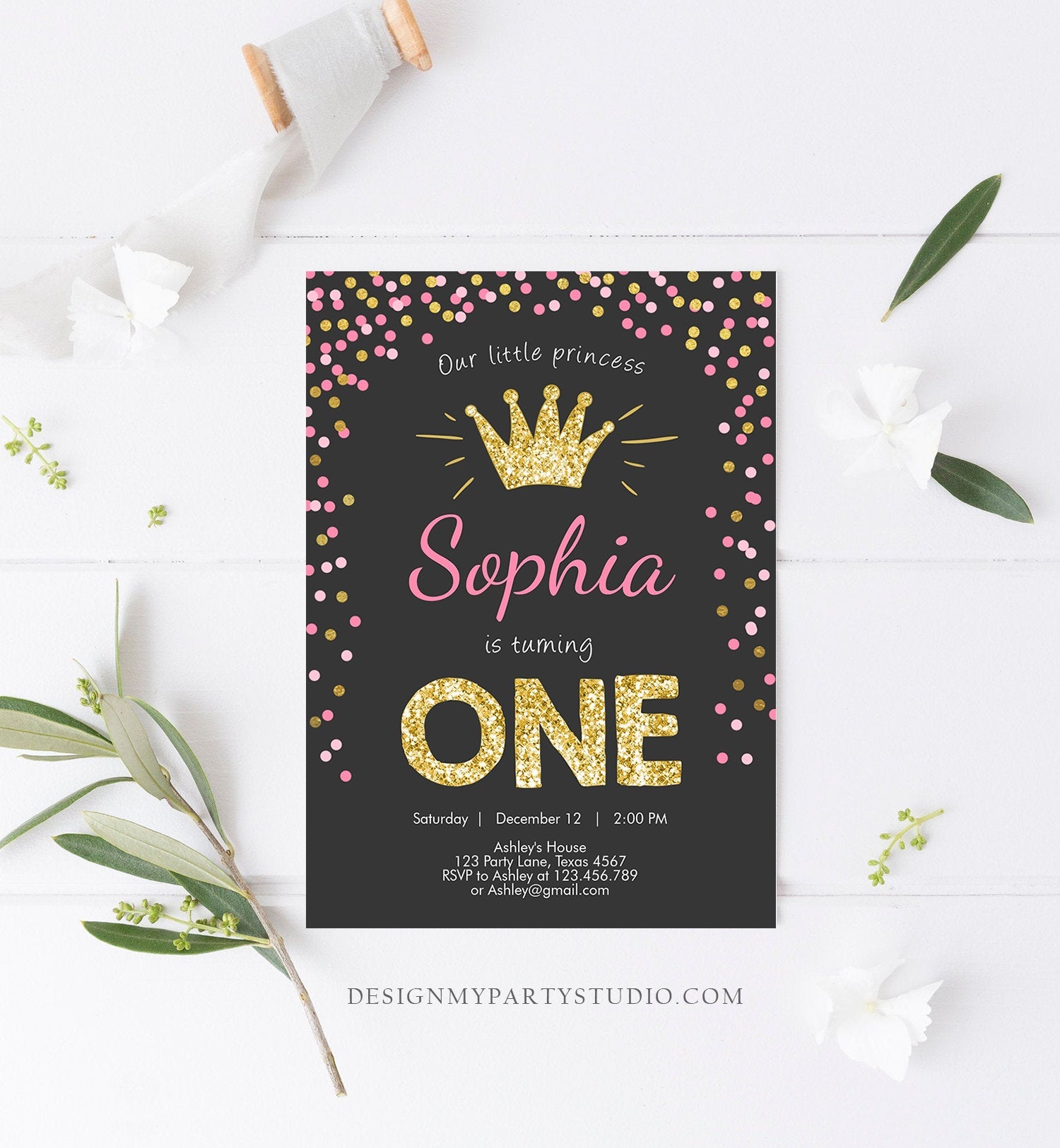 Editable Little Princess Birthday Invitation Girl Pink Gold First Birthday 1st ANY AGE Confetti Crown Download Corjl Template Printable 0047