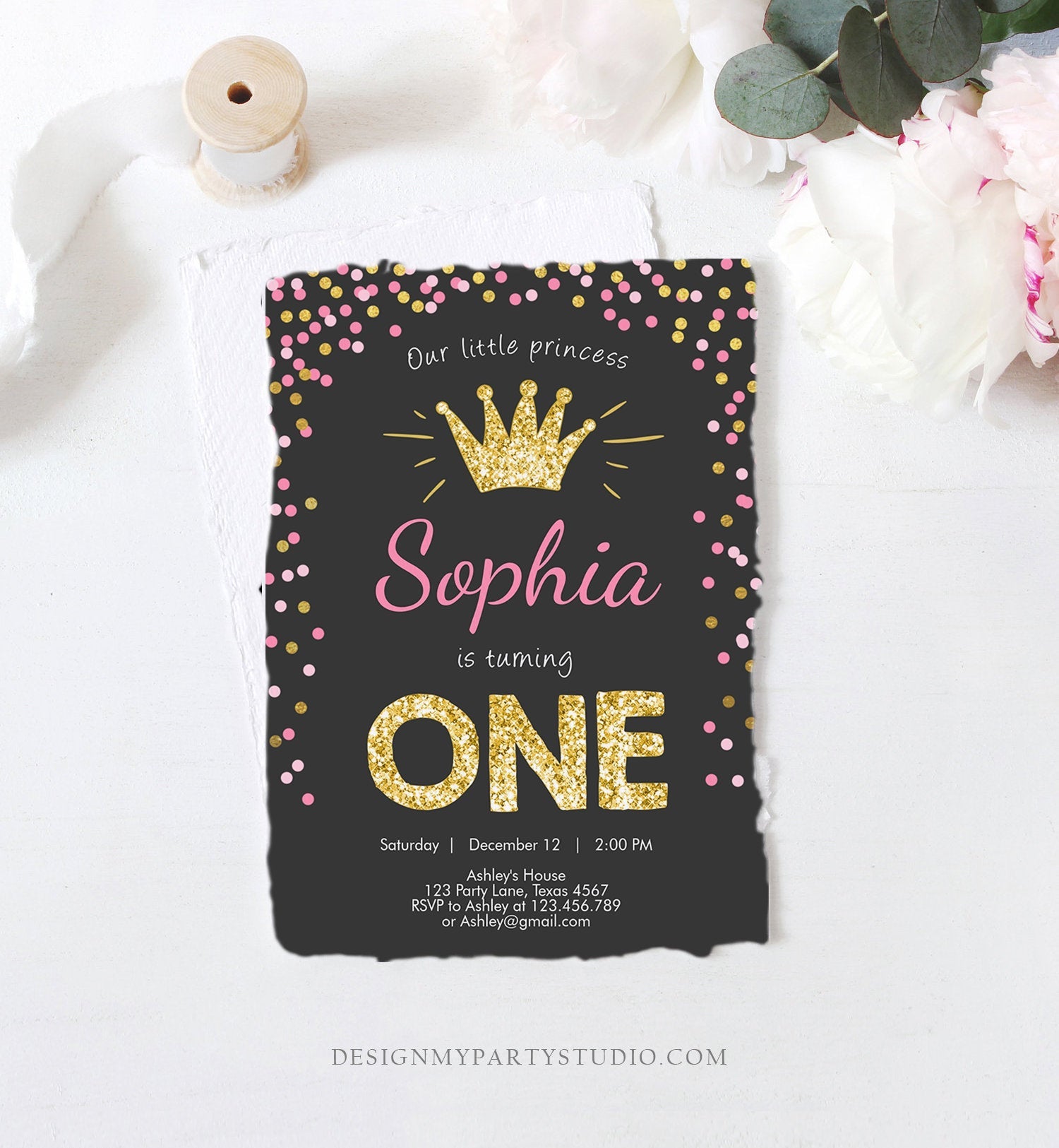 Editable Little Princess Birthday Invitation Girl Pink Gold First Birthday 1st ANY AGE Confetti Crown Download Corjl Template Printable 0047