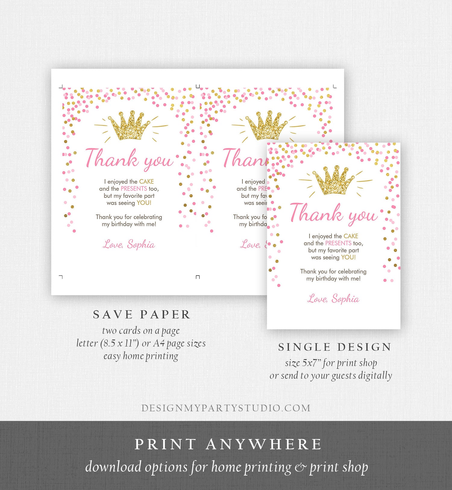 Editable Princess Thank You Card Girl Pink Gold Crown Birthday Thank You Note Royal First Birthday Digital Corjl Template Printable 0047