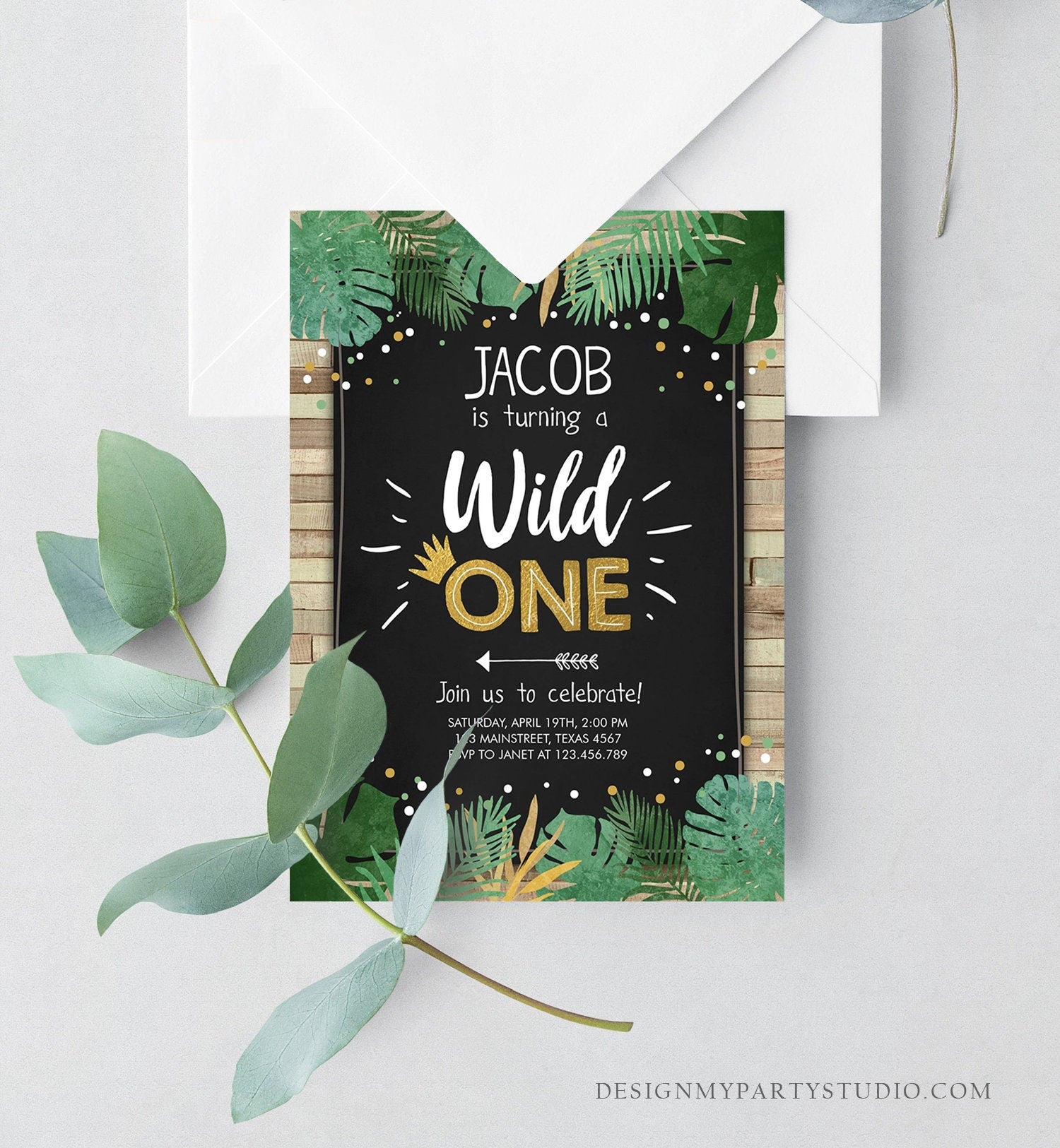 Editable Wild One Birthday Invitation Safari Jungle Boy Gold First Birthday 1st Wood Leaves Chalk Download Corjl Template Printable 0332