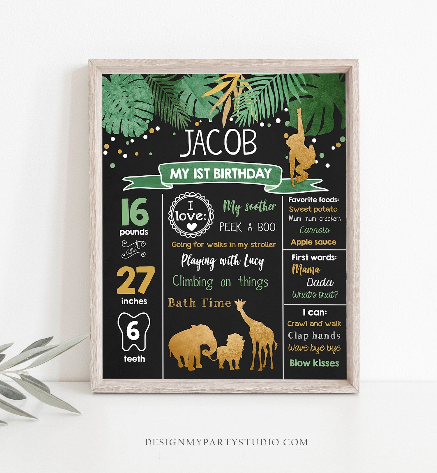 Editable Safari Animals Birthday Milestones Sign Wild One Boy First Birthday Safari Zoo 1st Gold Chalk Jungle Corjl Template Printable 0016