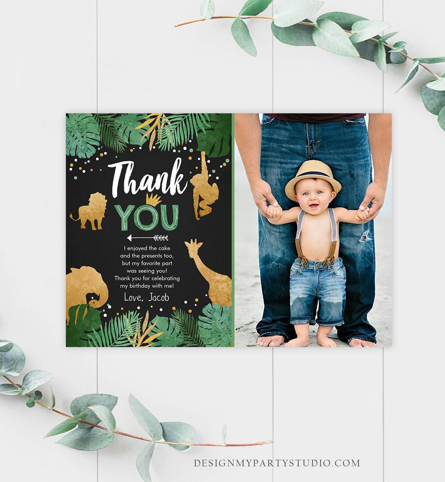 Editable Thank You Card Safari Animals Wild One Thank You Note Black Gold Photo Boy Jungle Zoo Animals Printable Corjl Template Digital 0016