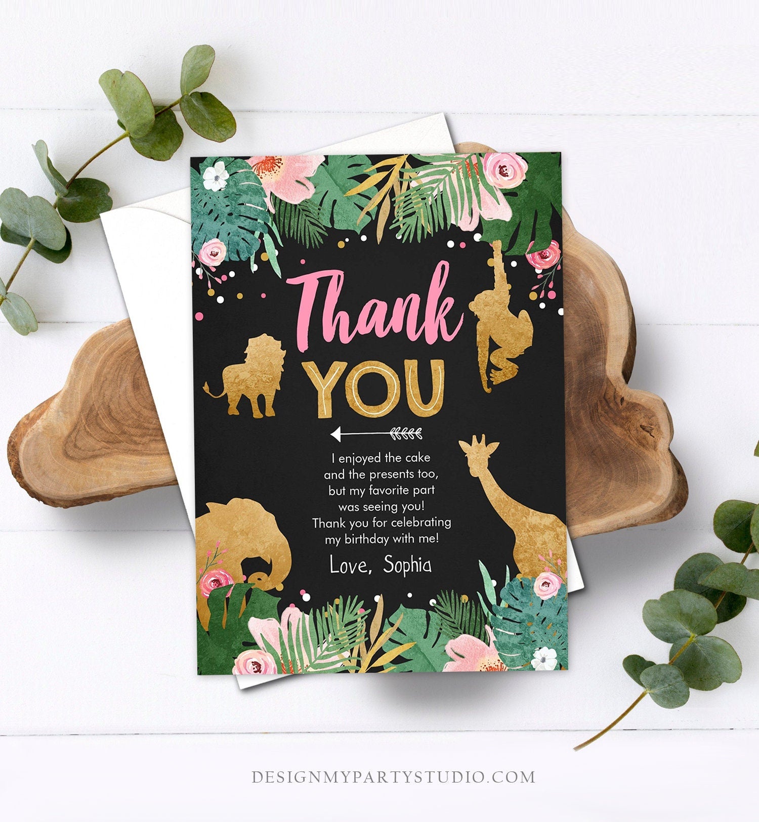 Editable Thank You Card Safari Animals Wild One Thank You Note Black Photo Girl Pink Gold Jungle Zoo Animals Corjl Template Digital 0016