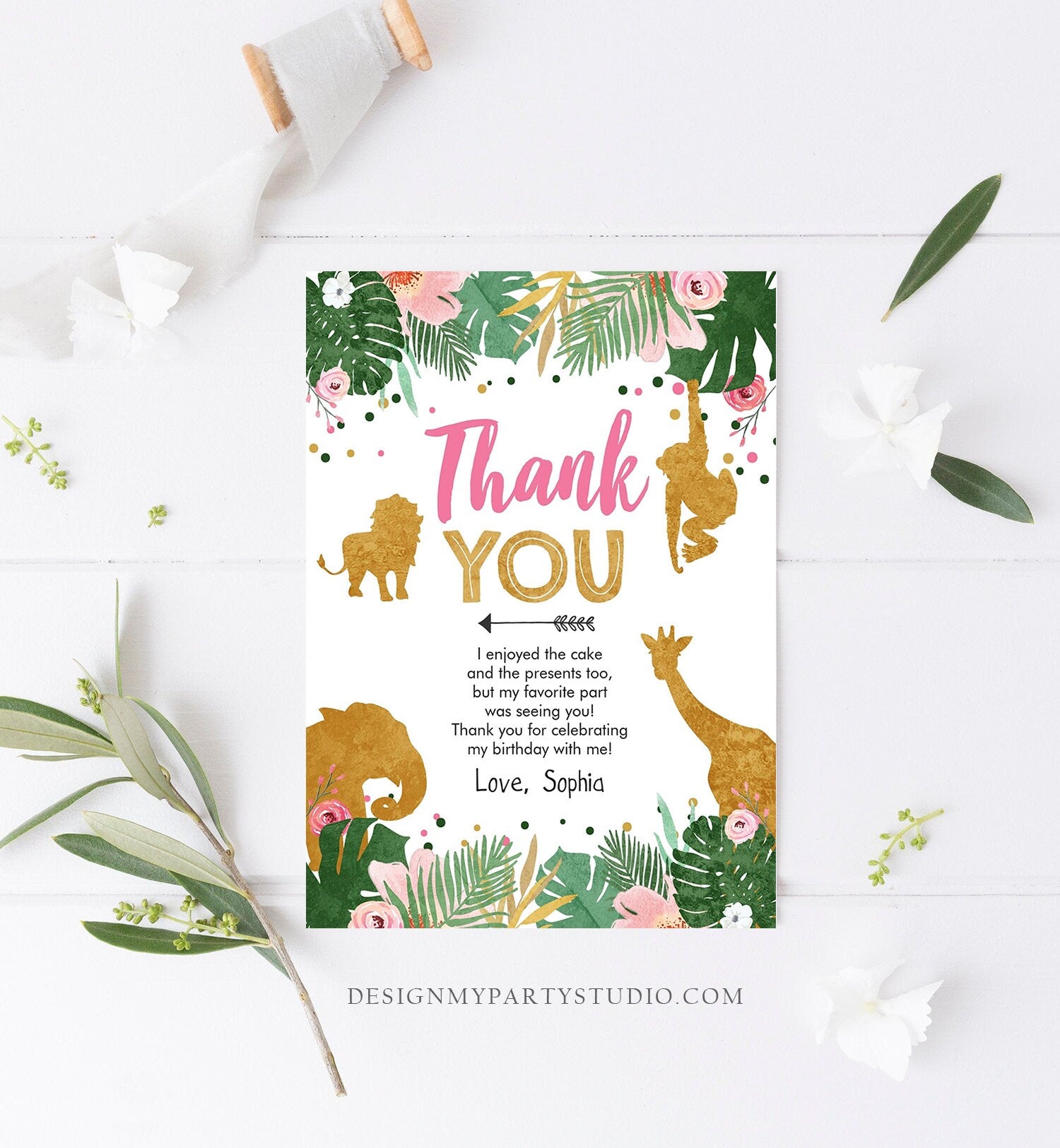 Editable Thank You Card Safari Animals Wild One Thank You Note Black Photo Girl Pink Gold Jungle Zoo Animals Corjl Template Digital 0016