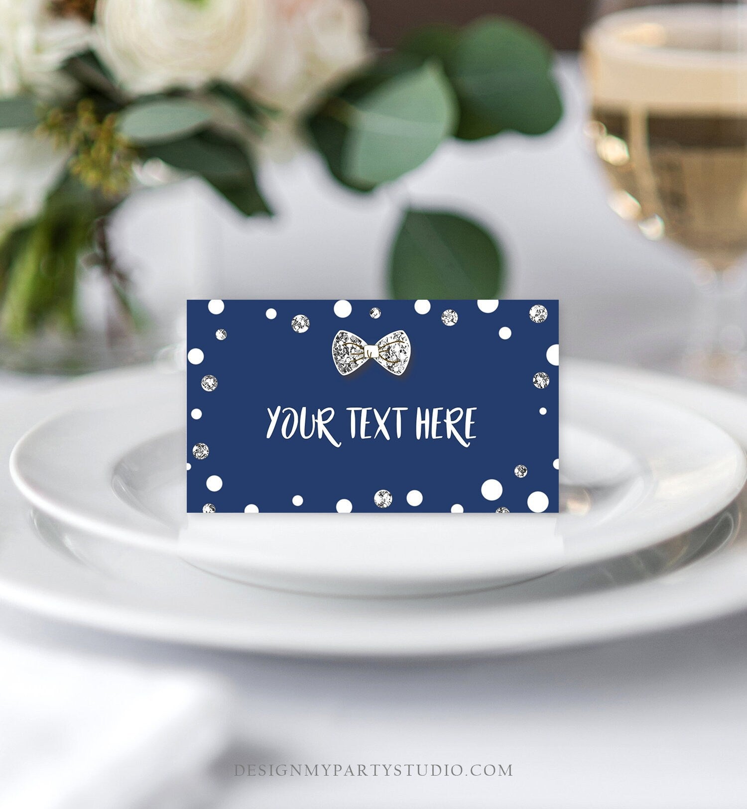 Editable Mr Onederful Food Labels Boy First Birthday Place Card Blue Silver Bowtie Tent Card Escort Card Printable Template Corjl 0072