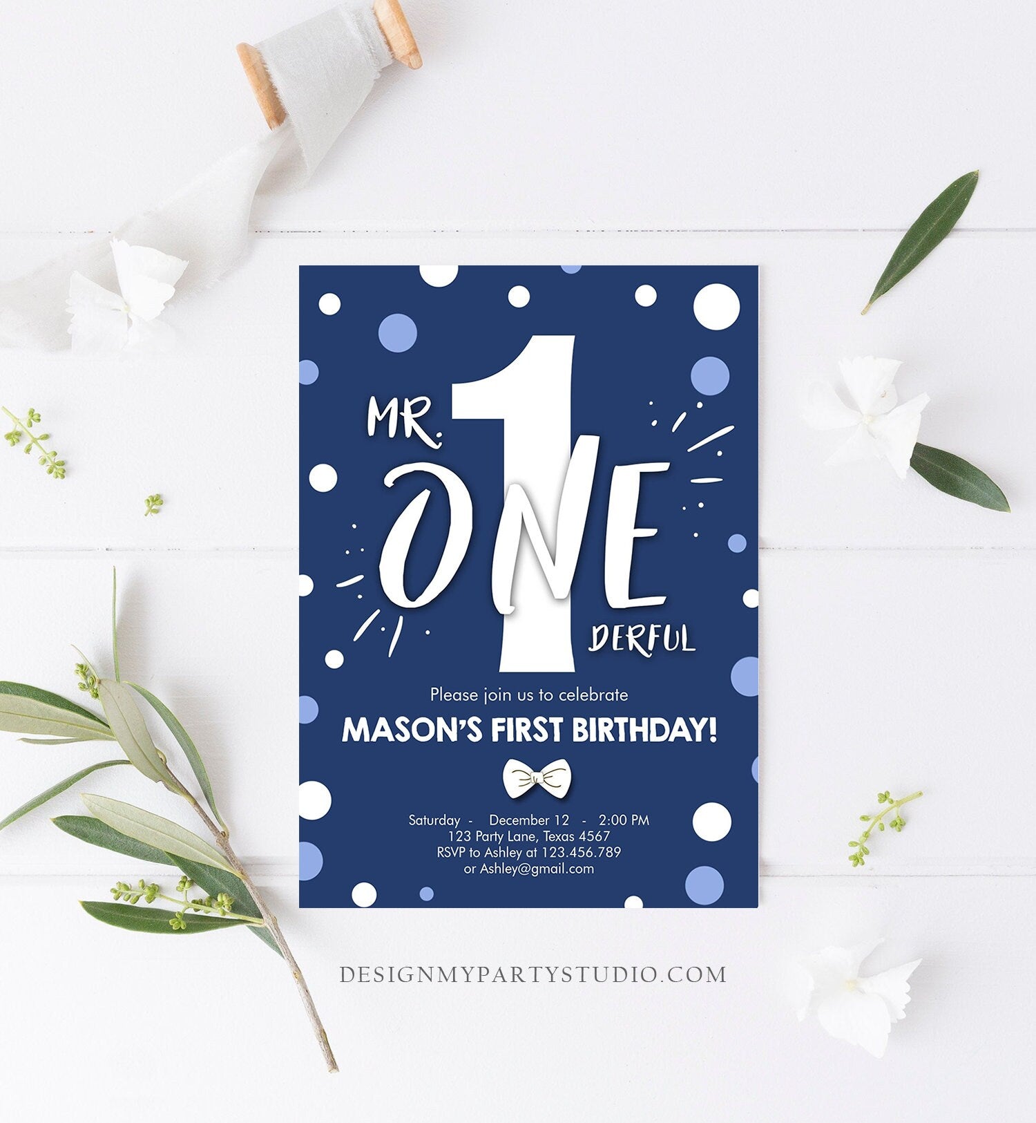 Editable Mr Onederful Birthday Invitation Navy Blue First Birthday Bow Tie Confetti Boy First Birthday Printable Template Digital Corjl 0072