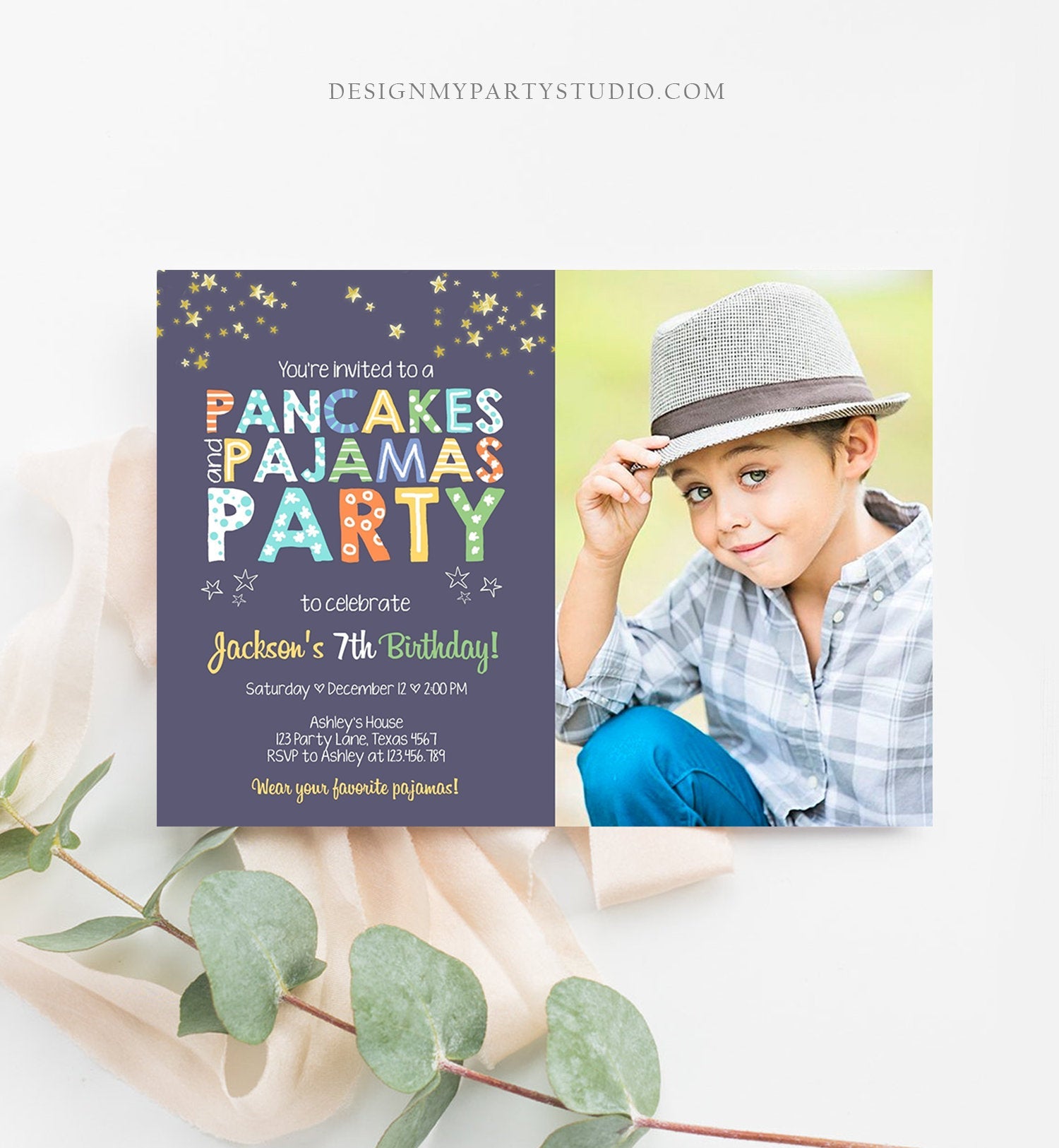 Editable Pancakes and Pajamas Birthday Invitation Movie Night Pancake Party Boy Blue Green Stars Download Corjl Template Printable 0218