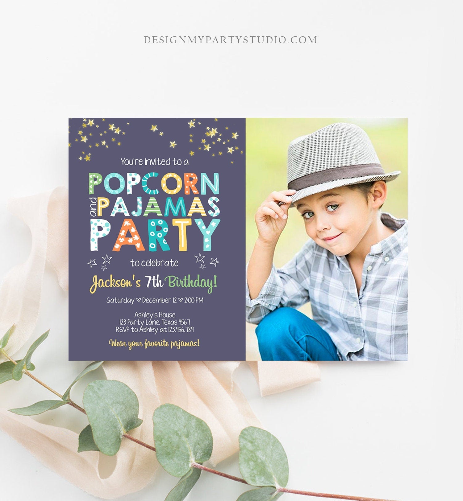Editable Popcorn and Pajamas Birthday Invitation Movie Night Birthday Party Boy Blue Orange Green Stars Corjl Template Printable 0218