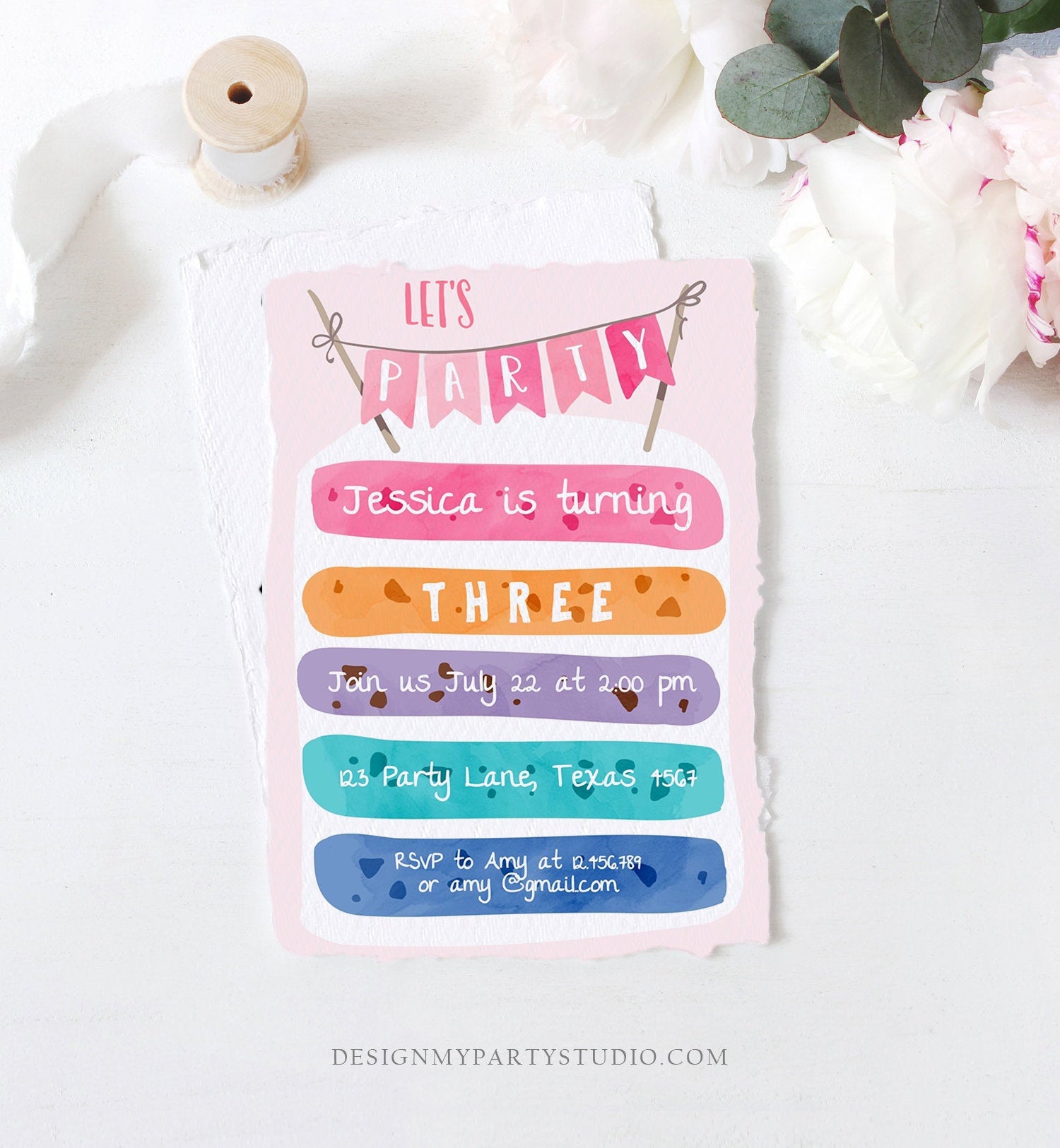 Editable Cake Birthday Invitation Cooking Girl Rainbow Cake Invite Girls Two Sweet Pink Download Printable Invitation Template Corjl 0121