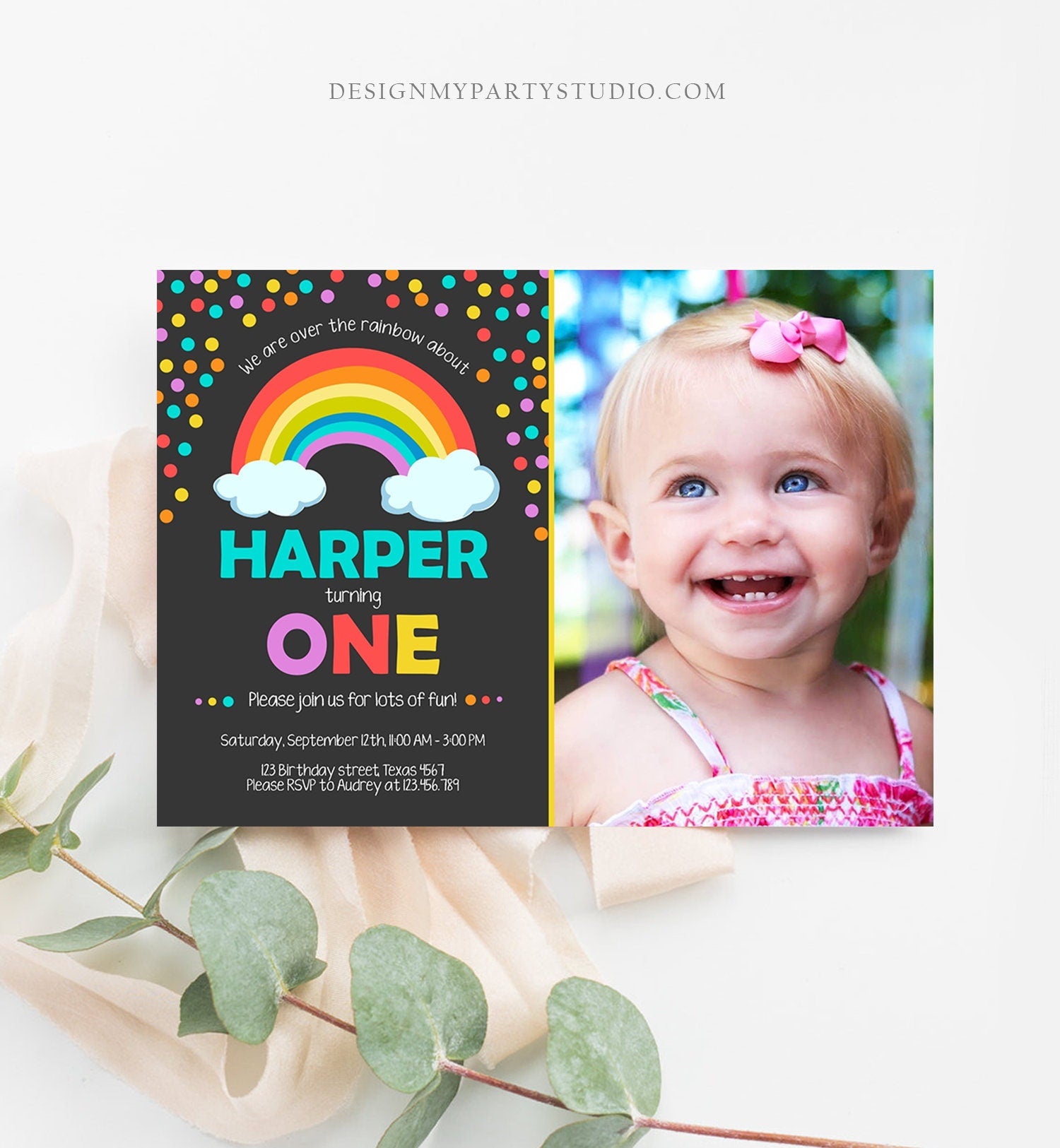 Editable Rainbow Birthday Invitation Kids Girl Boy Neutral Party Clouds Colorful Rainbow Colors Printable Corjl Template Digital 0106