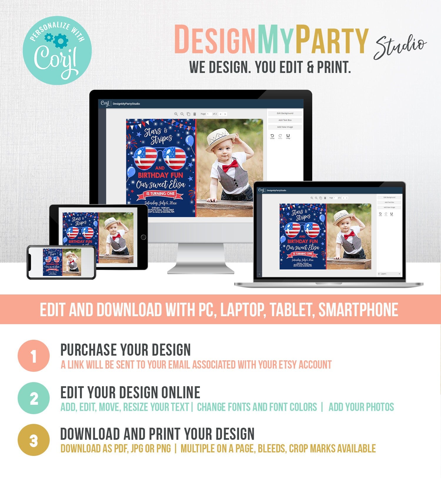 Editable Memorial Day Birthday Invitation 4th of July Little Firecracker Stars and Stripes Red White Blue Template Corjl Digital 0122