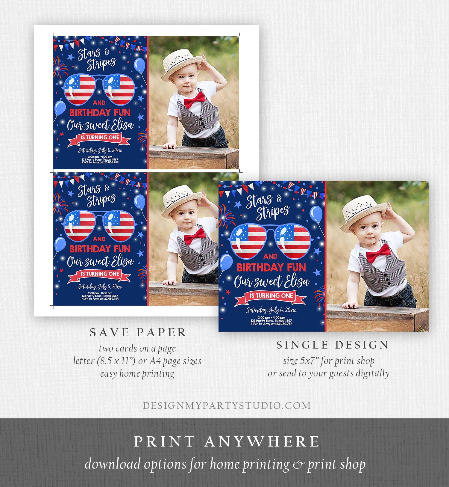 Editable Memorial Day Birthday Invitation 4th of July Little Firecracker Stars and Stripes Red White Blue Template Corjl Digital 0122