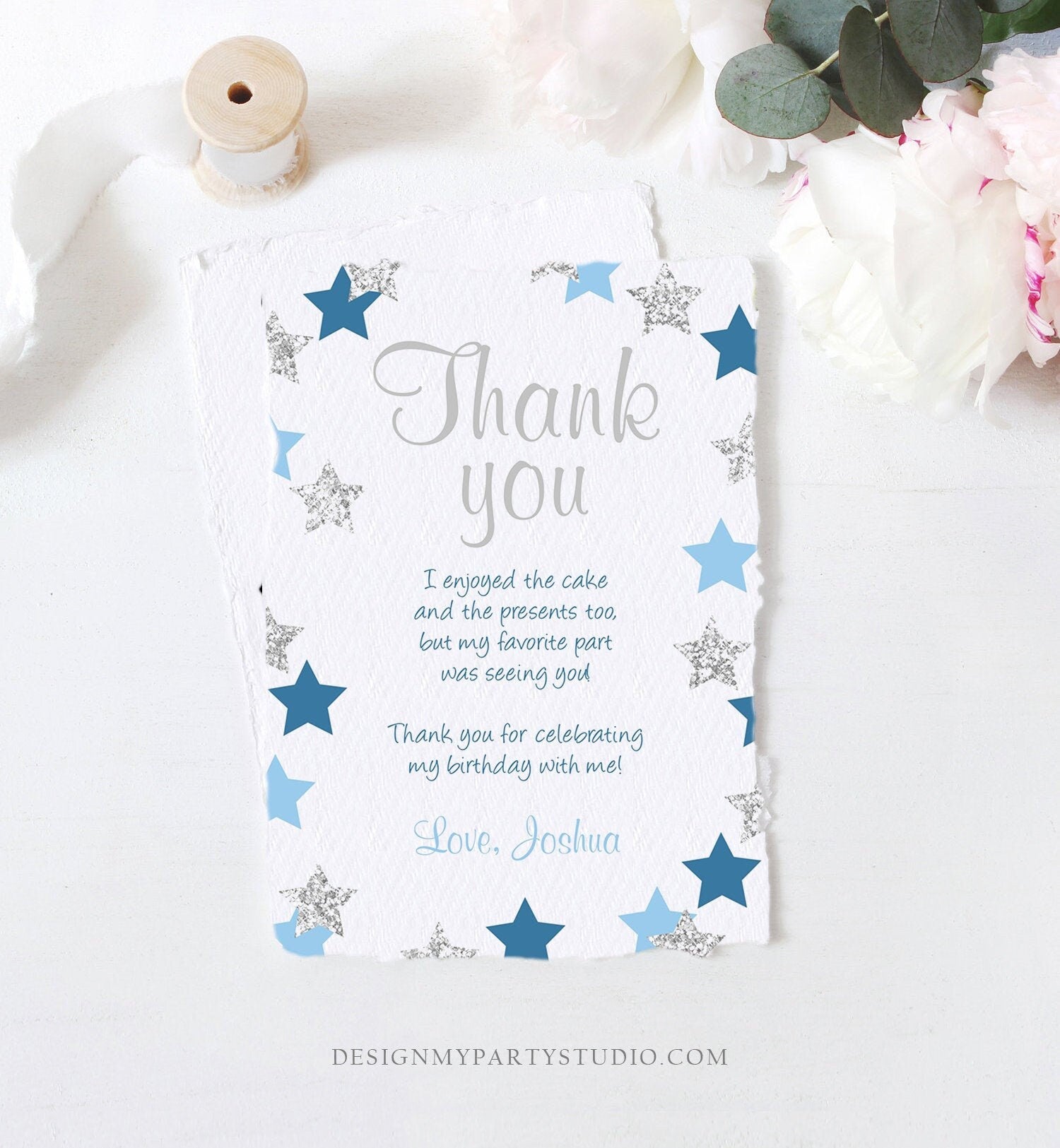Editable Thank You Card Stars Thank you Note Twinkle Little Star Birthday Boy Blue and Silver Download Printable Template Corjl Digital 0082