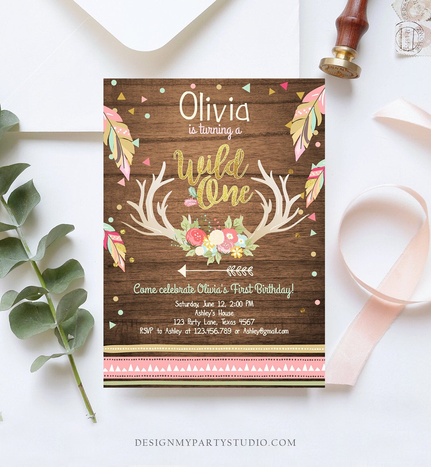 Editable Birthday Invitation Wild One Girl Antler Tribal Arrow Feathers First Birthday Wood Pink Gold Download Printable Template Corjl 0073