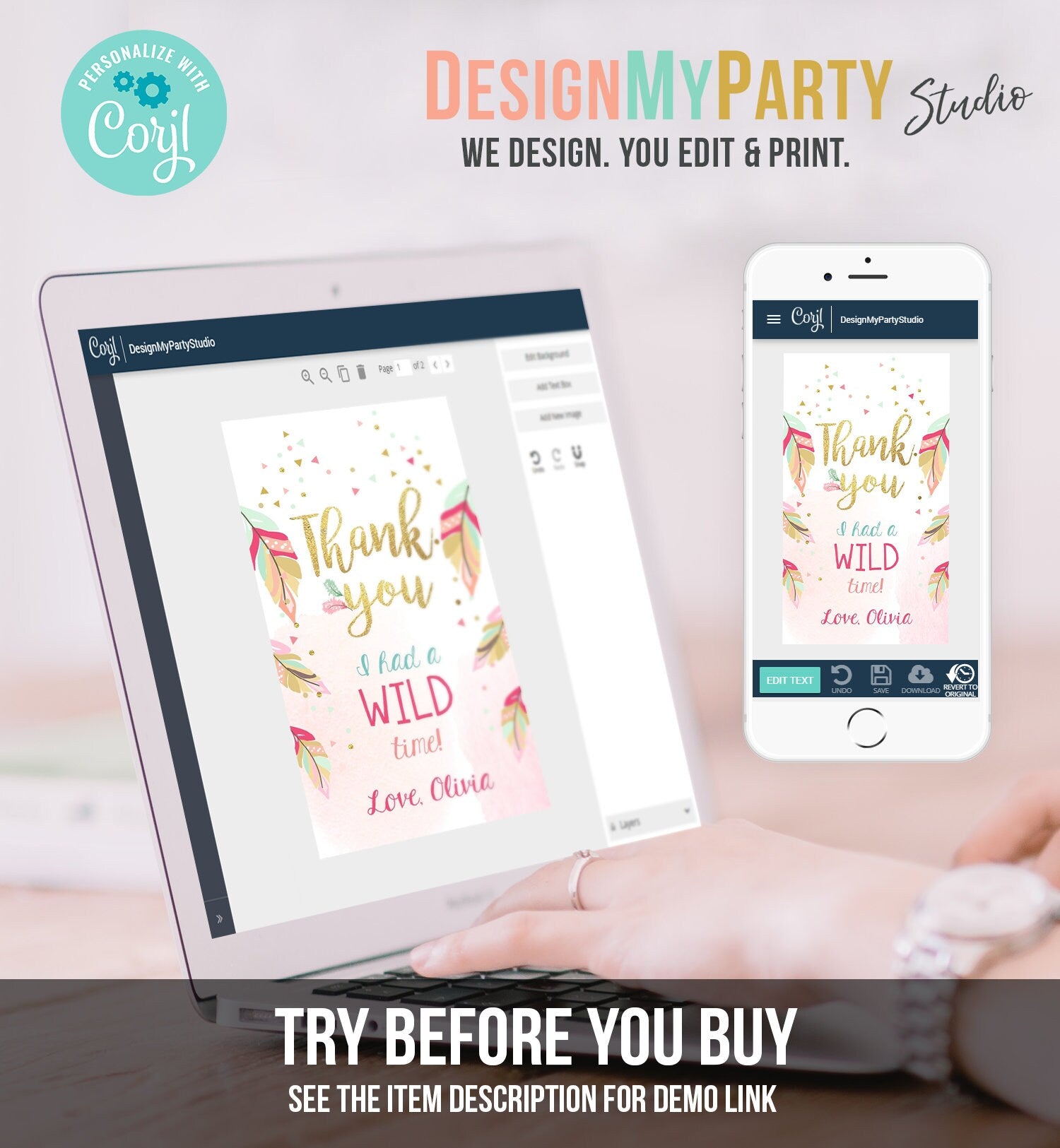 Editable Wild One Favor tags Wild and Three Birthday Thank you tags Label Feathers Gift tags Pink Gold Girl Template PRINTABLE Corjl 0038