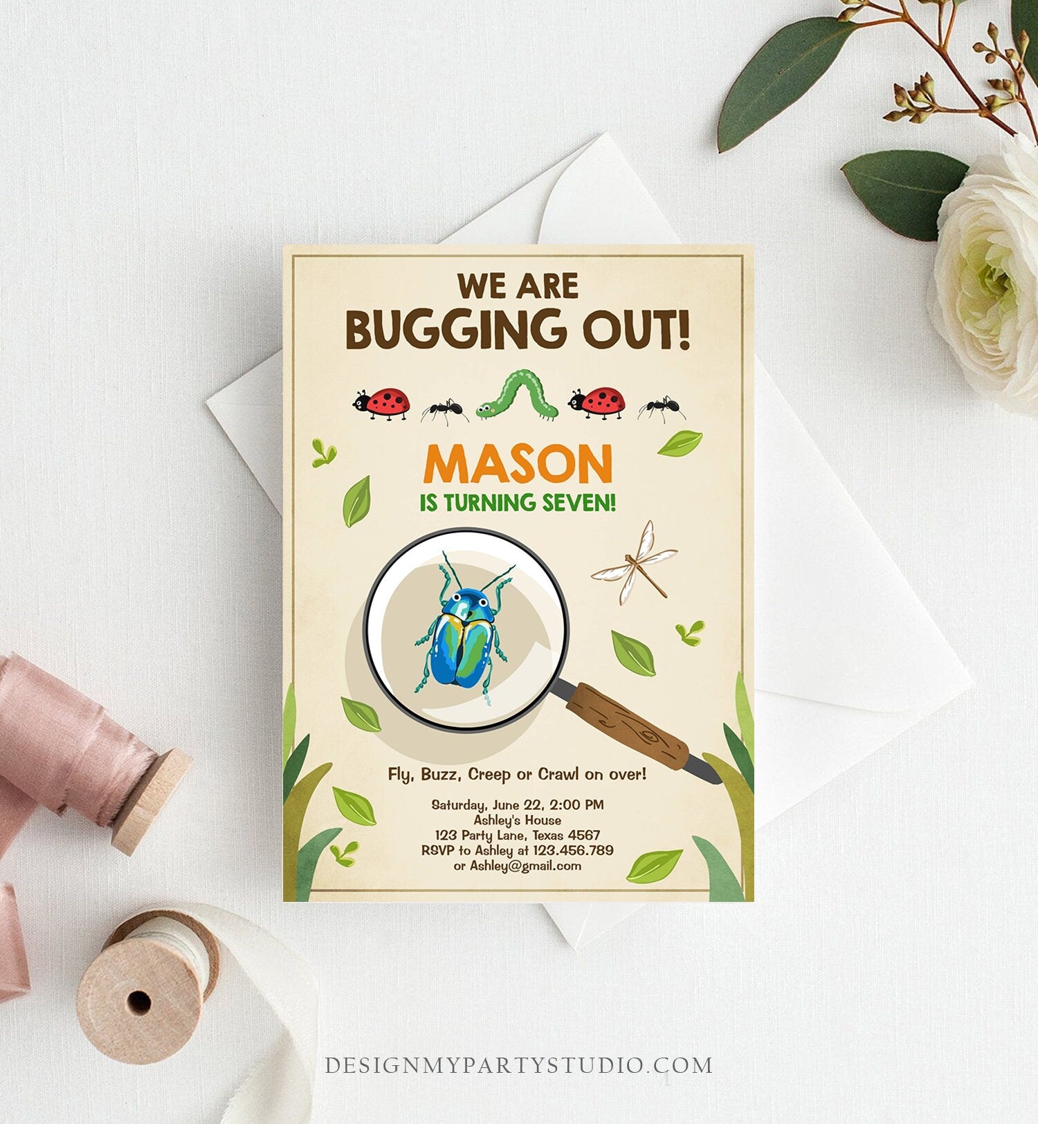 Editable Bug Birthday Invitation Insect Party We Are Bugging Out bug Hunt Bugs Boy Printable Invitation Template Digital Corjl 0090