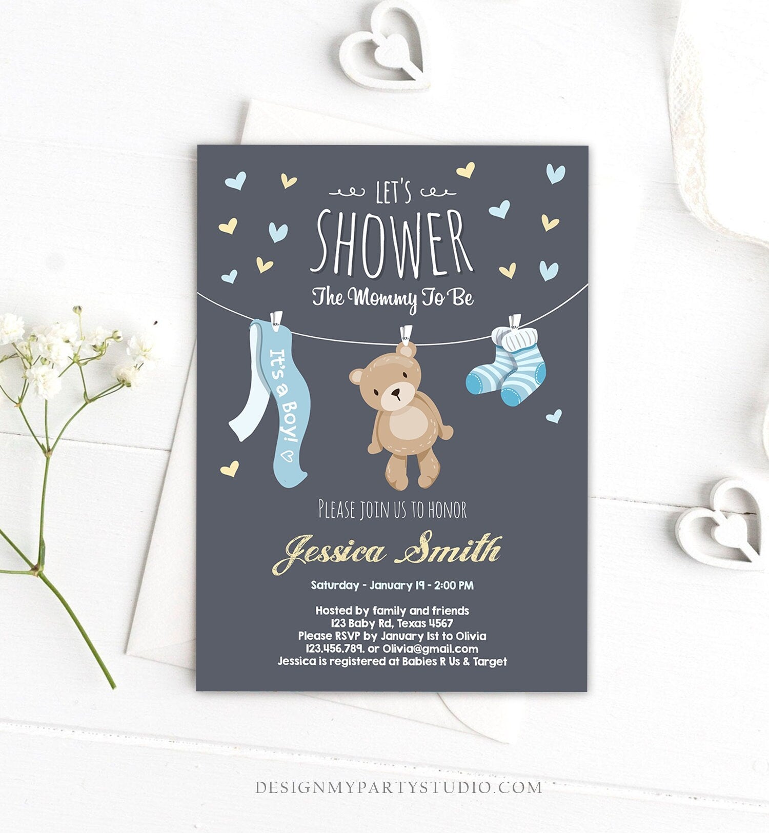 Editable Baby Shower Invitation Teddy Bear Cute baby Boy Blue Bear Little Cub Invitation Template Instant Download Digital Corjl 0025